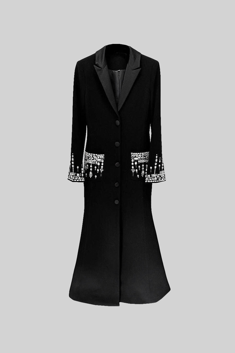 Long Sleeve Maxi Dress with Lapels and Crystal Embroidery – Black