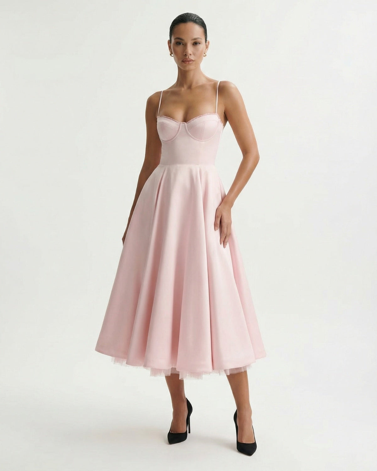 Giulia Duchess Satin Midi Dress with Tulle Underskirt – Pink – view 3