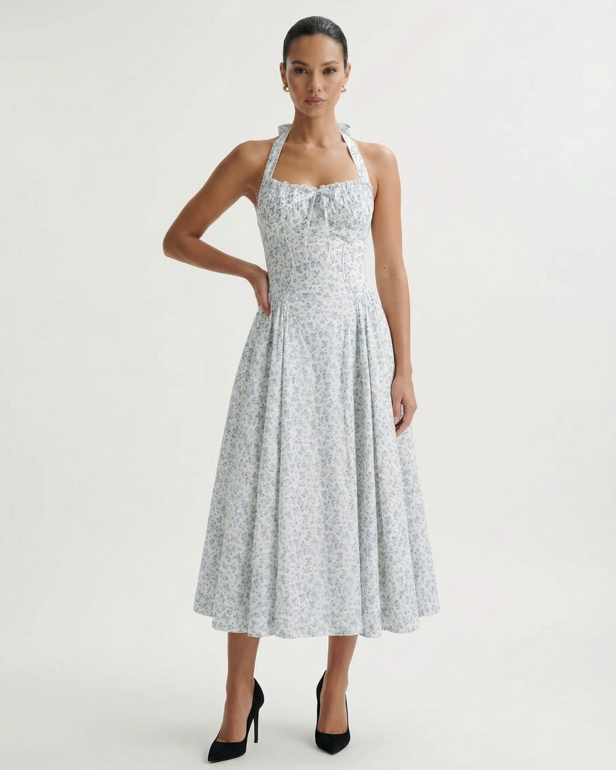 Santorini Halter Neck Contoured Stretch Dress – Small Blue Flowers on White – view 3