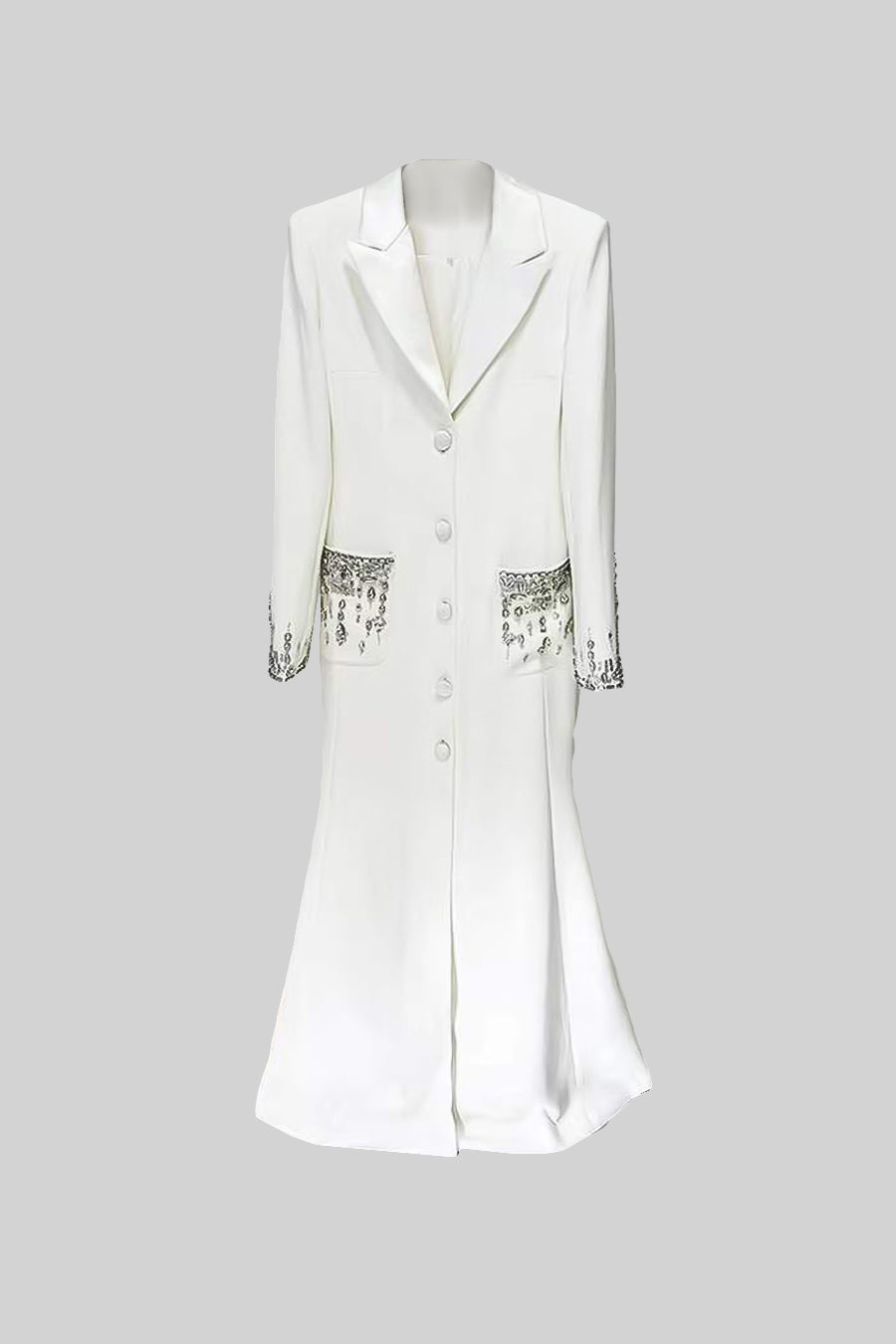 Long Sleeve Maxi Dress with Lapels and Crystal Embroidery – White