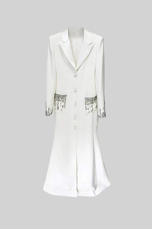 Long Sleeve Maxi Dress with Lapels and Crystal Embroidery – White
