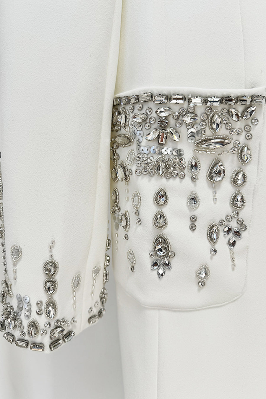 Long Sleeve Maxi Dress with Lapels and Crystal Embroidery – White