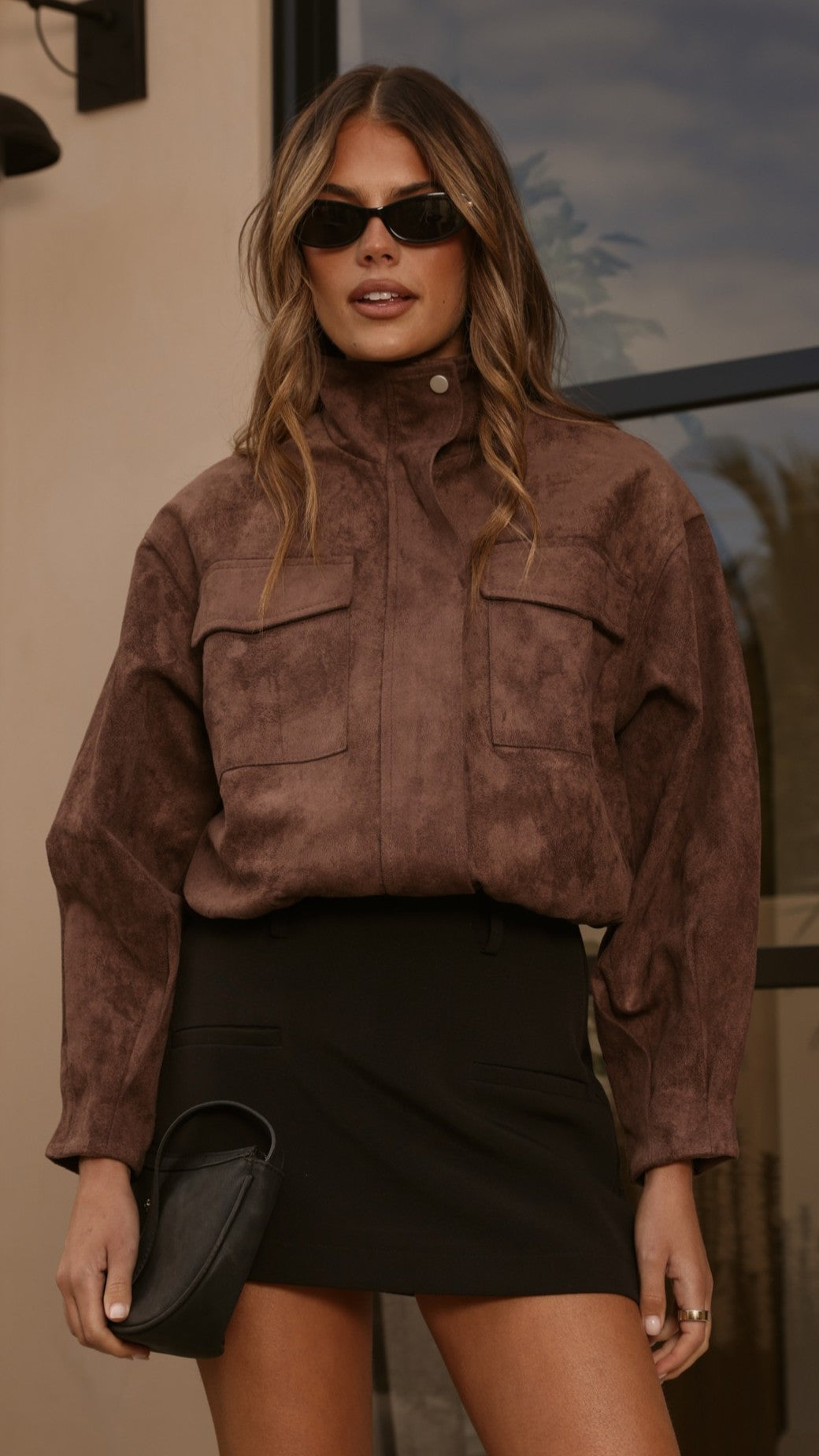 Josh Faux Suede Funnel Neck Jacket with Bubble Hem – Chocolate