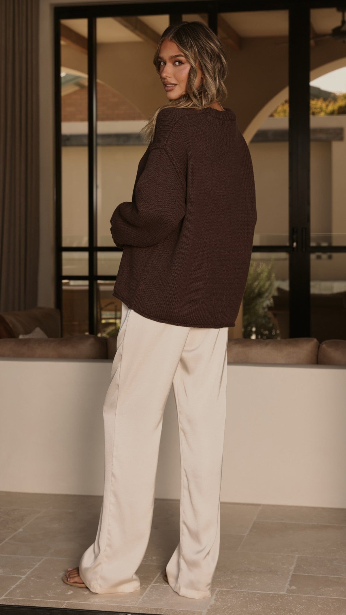 Hayden Boxy Crew Neck Rolled Hem Knit Jumper – Chocolate – view 9