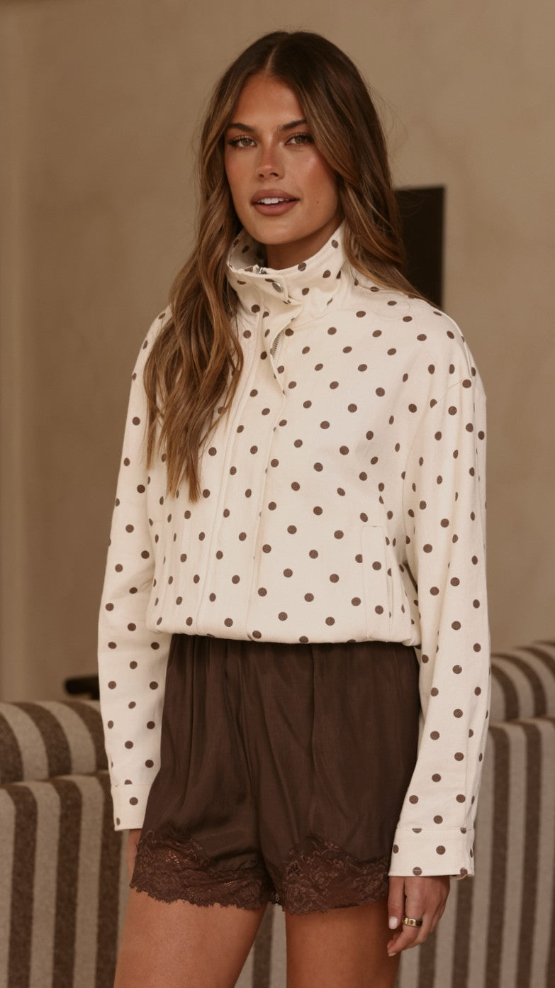 Nessie Funnel Neck Cotton Jacket with Bubble Hem – Cream/Chocolate Polka – view 5