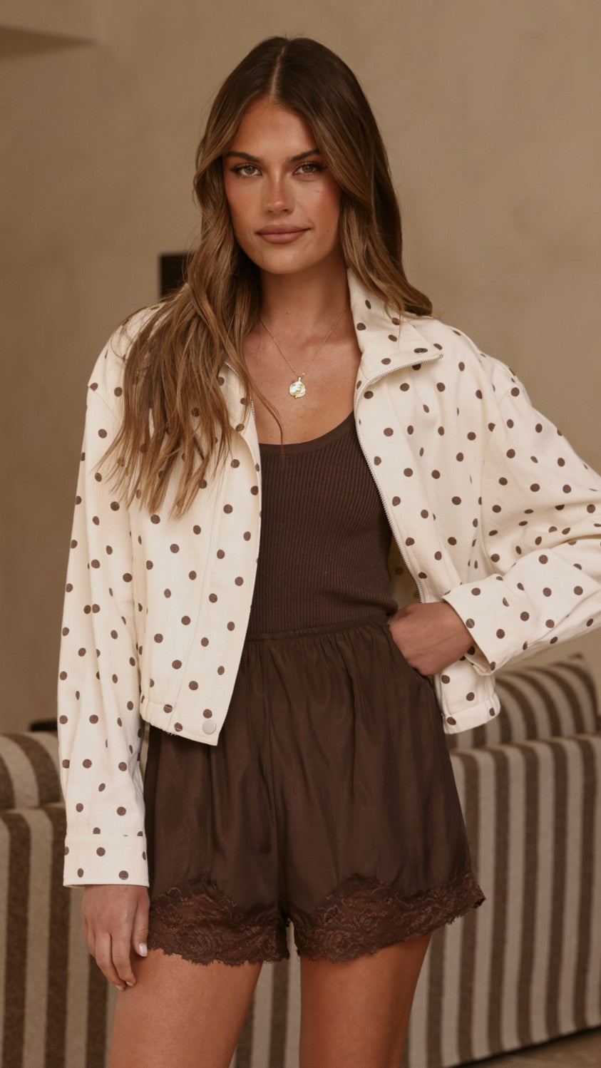 Nessie Funnel Neck Cotton Jacket with Bubble Hem – Cream/Chocolate Polka – view 7