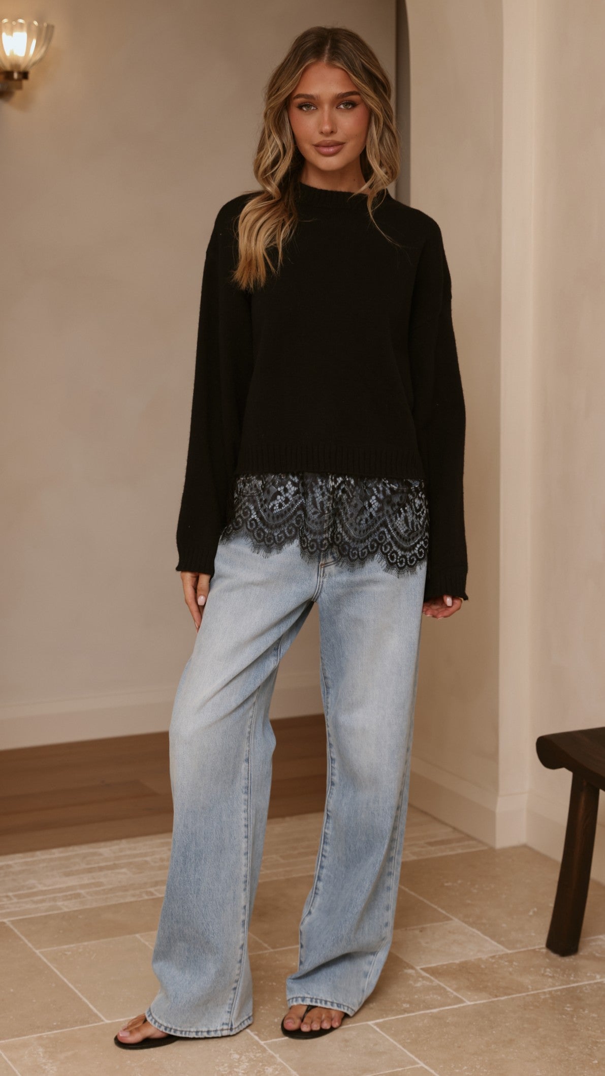 Kylan Boxy Crew Neck Wide Sleeve Knit Jumper with Lace Trim – Black – view 6