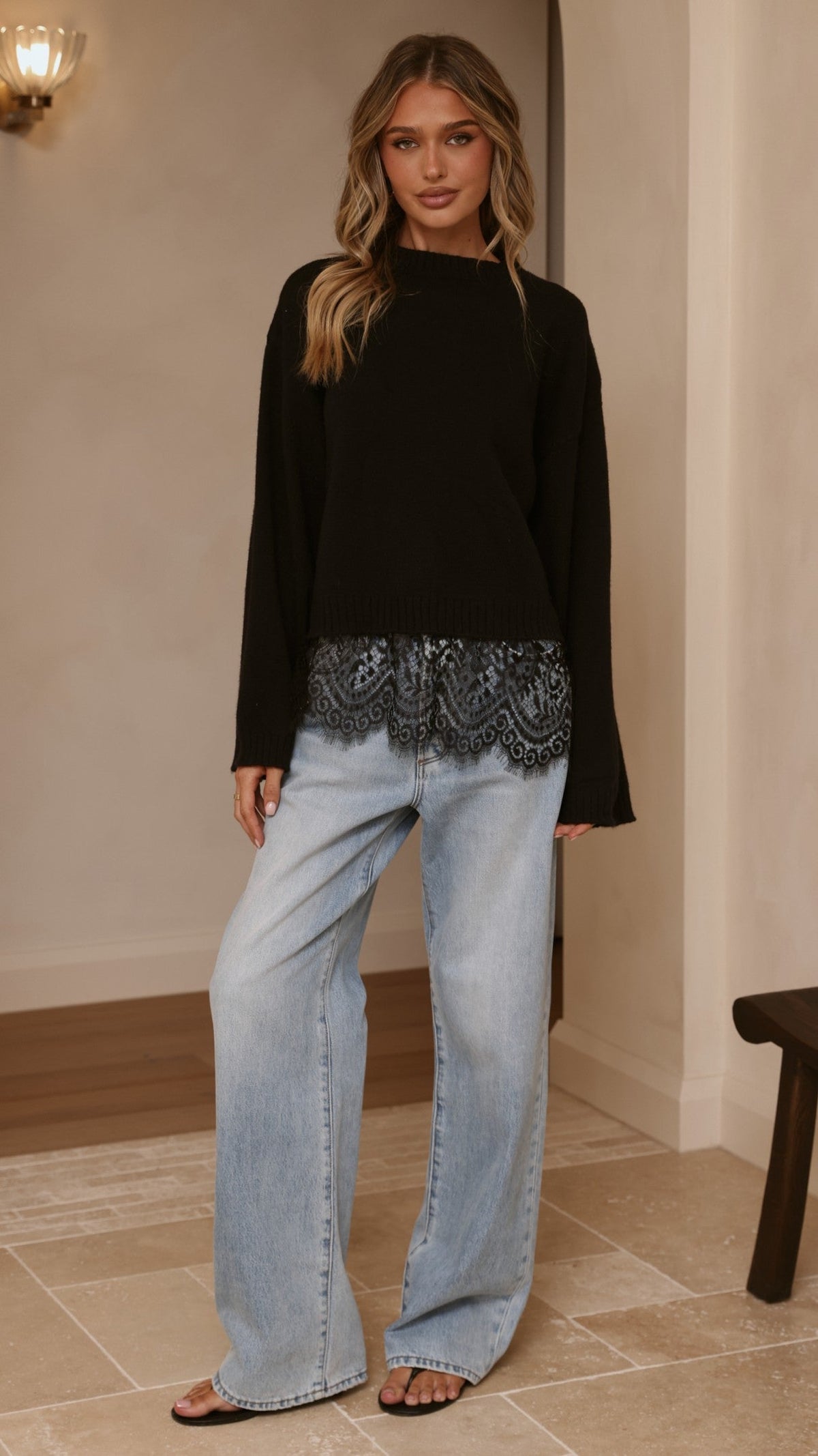 Kylan Boxy Crew Neck Wide Sleeve Knit Jumper with Lace Trim – Black – view 3