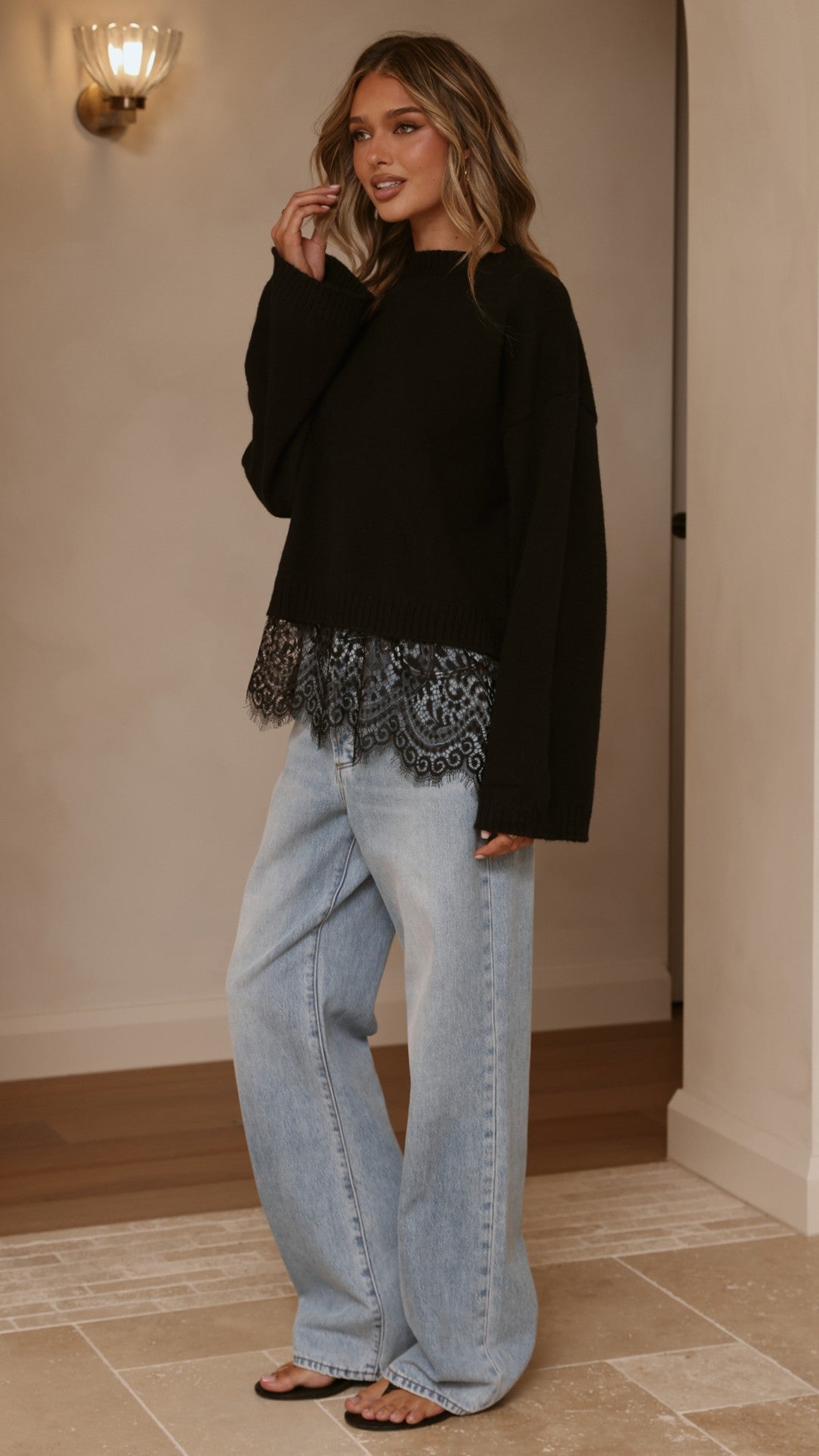Kylan Boxy Crew Neck Wide Sleeve Knit Jumper with Lace Trim – Black