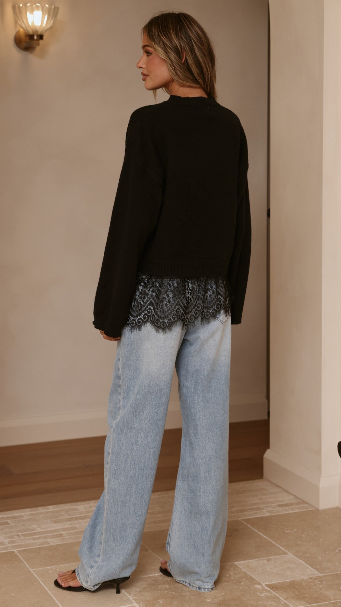 Kylan Boxy Crew Neck Wide Sleeve Knit Jumper with Lace Trim – Black – view 2