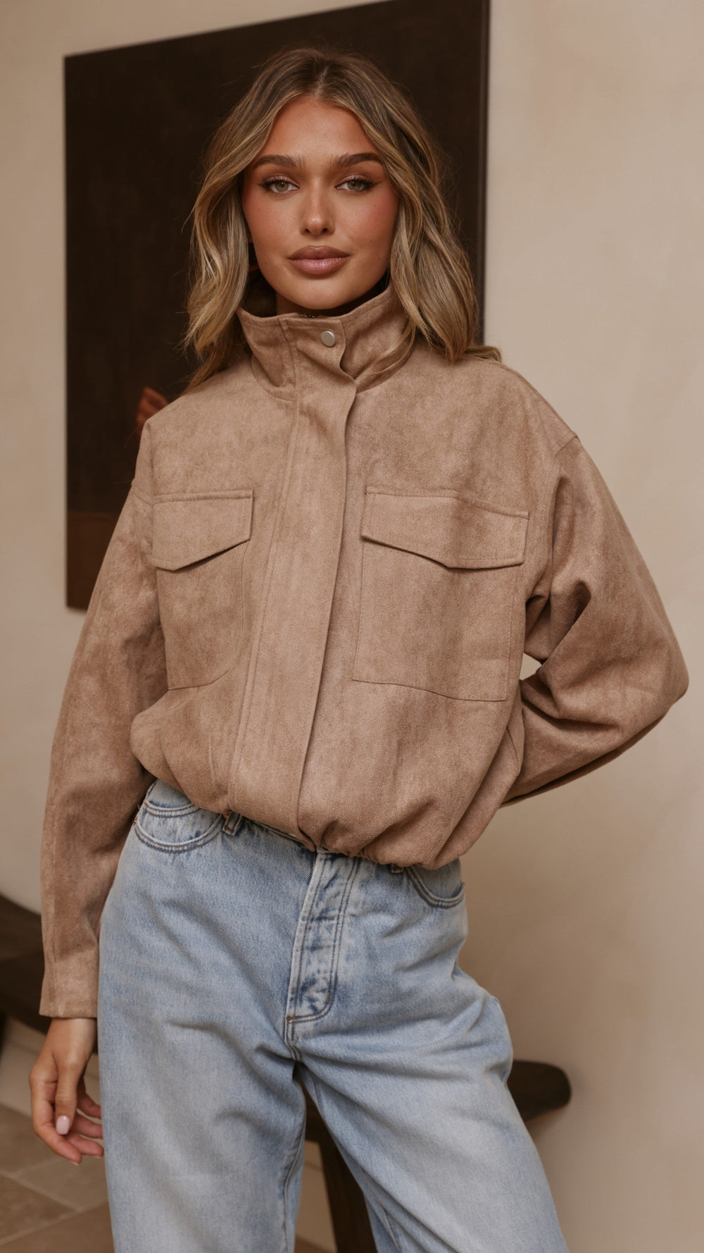 Josh Faux Suede Funnel Neck Jacket with Bubble Hem – Beige