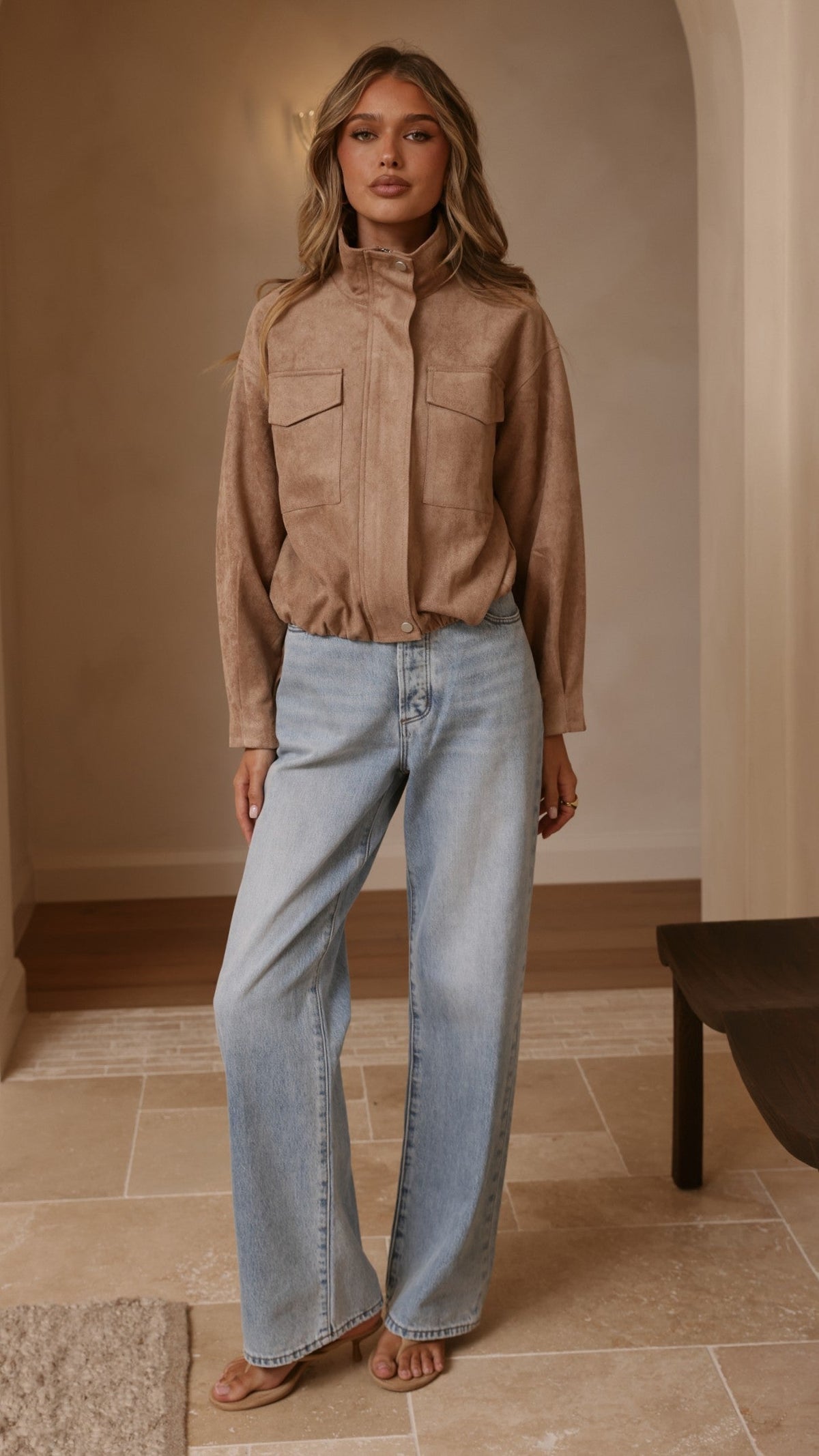 Josh Faux Suede Funnel Neck Jacket with Bubble Hem – Beige – view 9