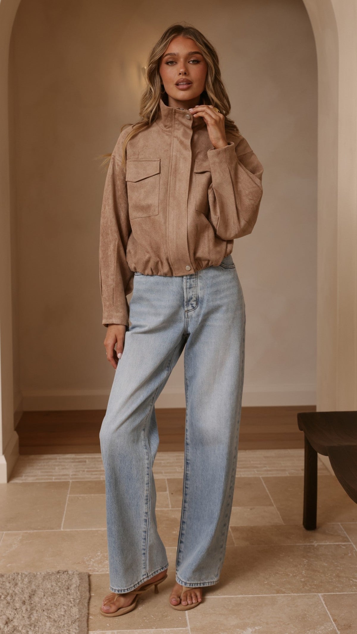 Josh Faux Suede Funnel Neck Jacket with Bubble Hem – Beige – view 10