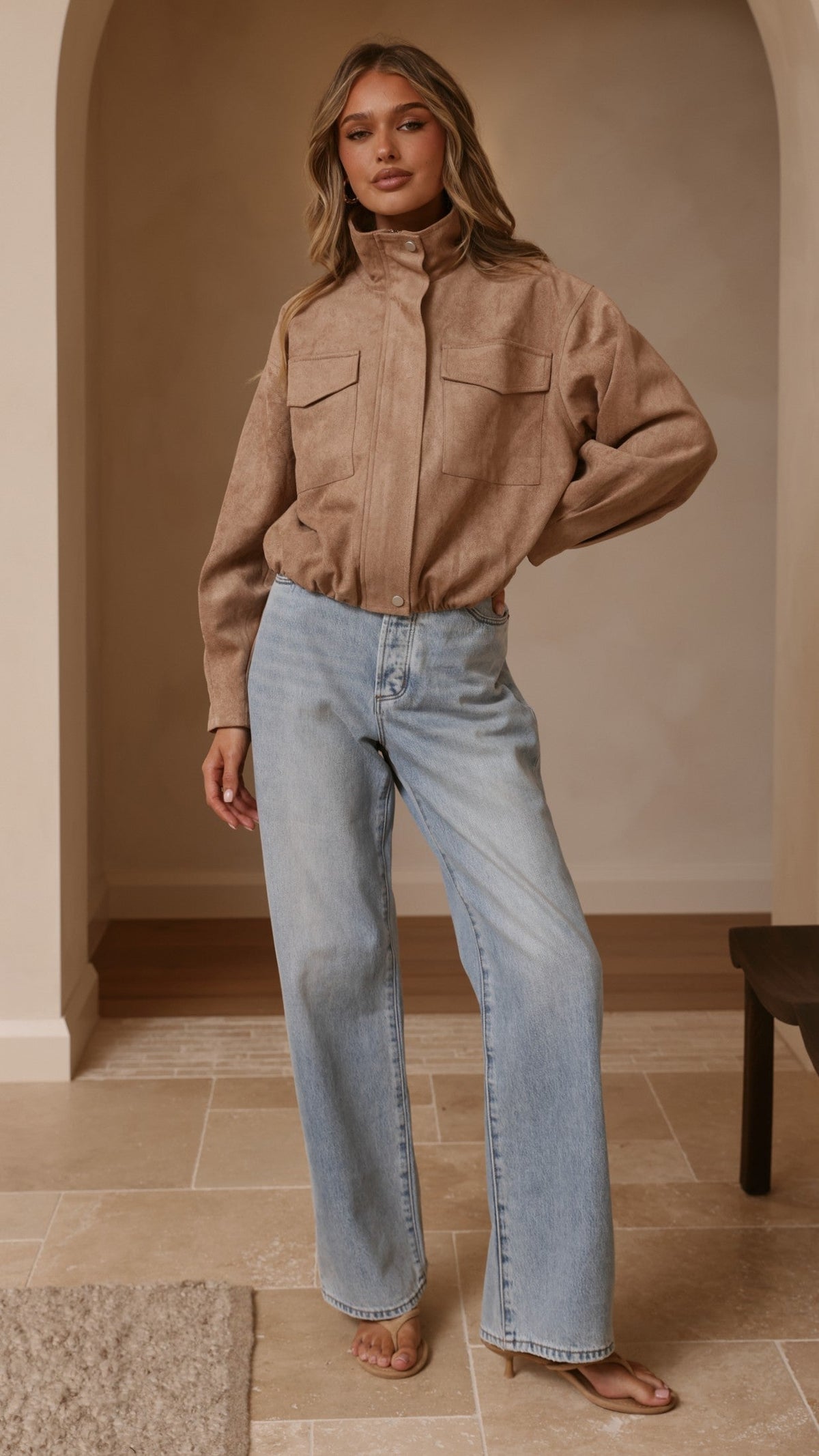 Josh Faux Suede Funnel Neck Jacket with Bubble Hem – Beige – view 13