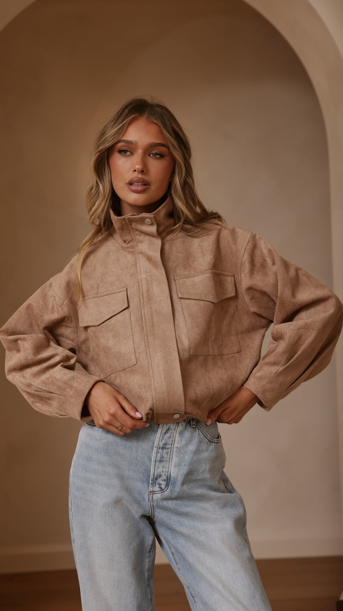 Josh Faux Suede Funnel Neck Jacket with Bubble Hem – Beige – view 12