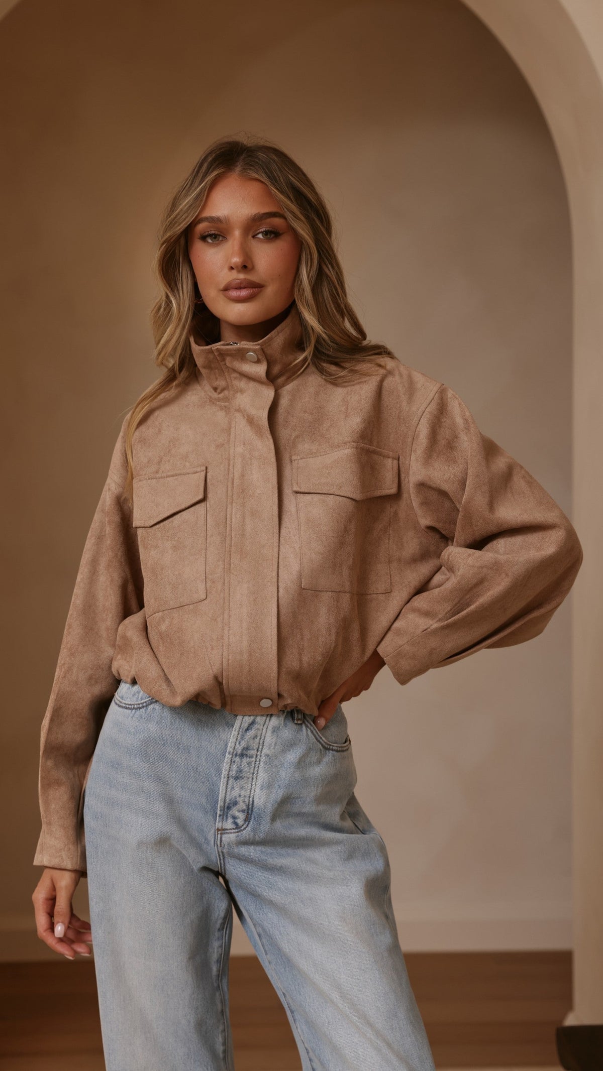 Josh Faux Suede Funnel Neck Jacket with Bubble Hem – Beige – view 11