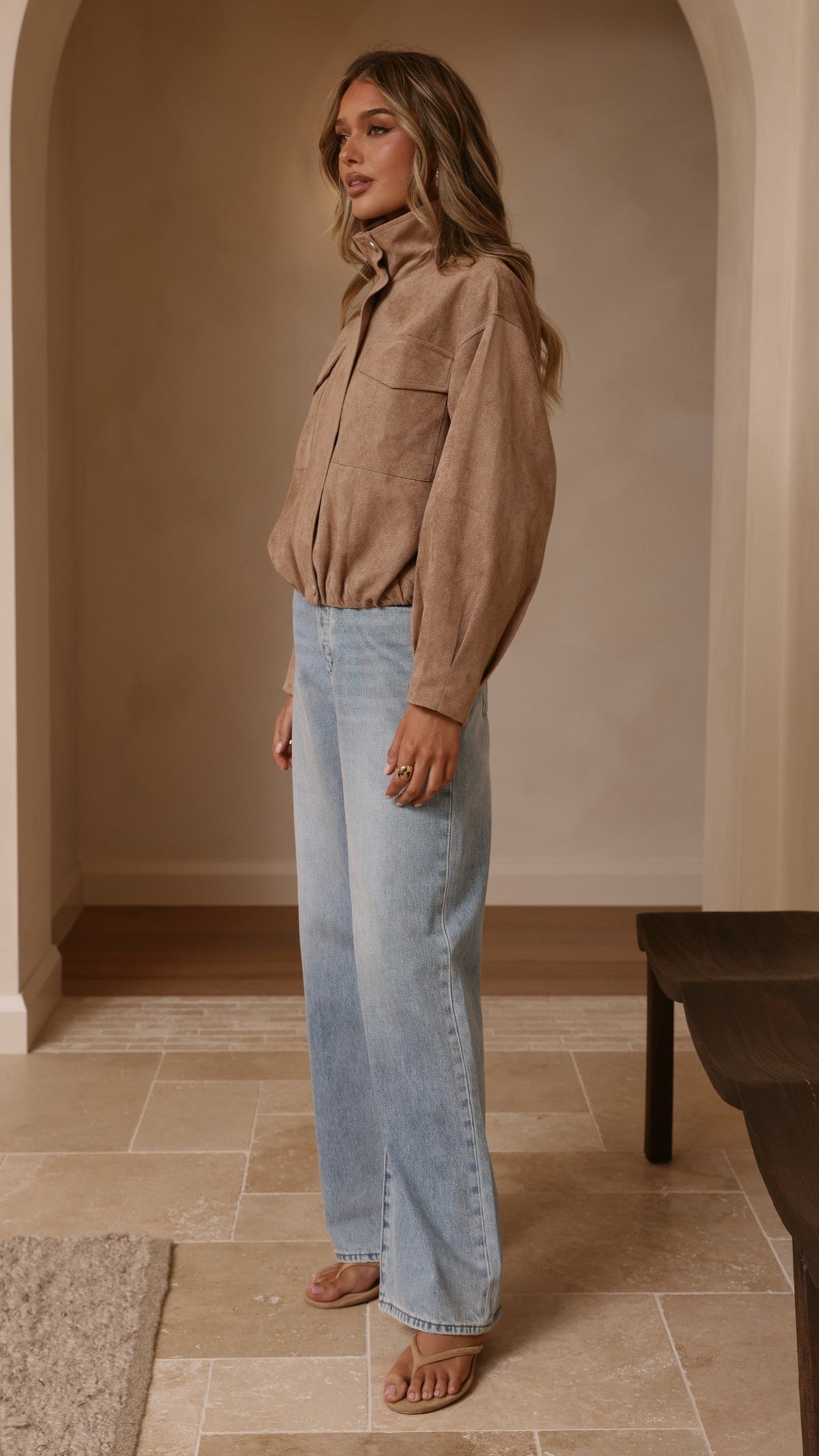 Josh Faux Suede Funnel Neck Jacket with Bubble Hem – Beige – view 4