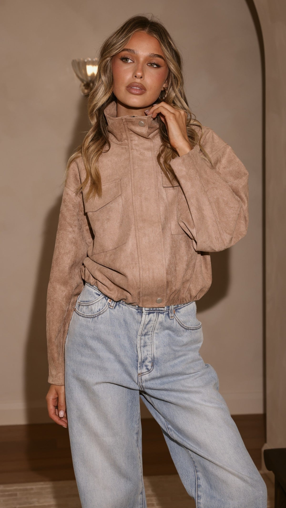 Josh Faux Suede Funnel Neck Jacket with Bubble Hem – Beige – view 5