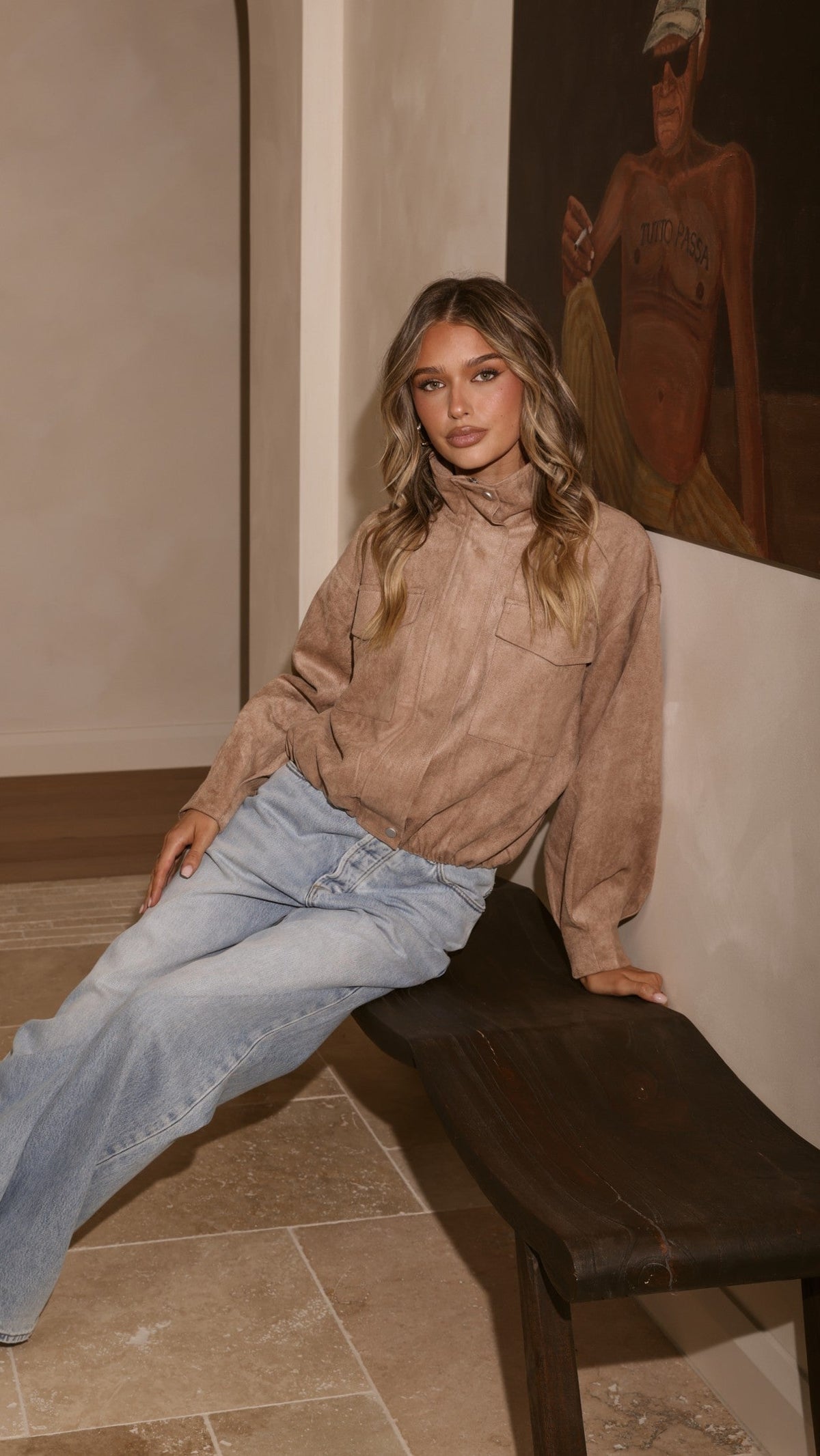Josh Faux Suede Funnel Neck Jacket with Bubble Hem – Beige – view 7