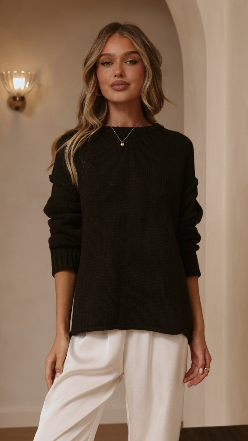 Hayden Boxy Crew Neck Rolled Hem Knit Jumper – Black