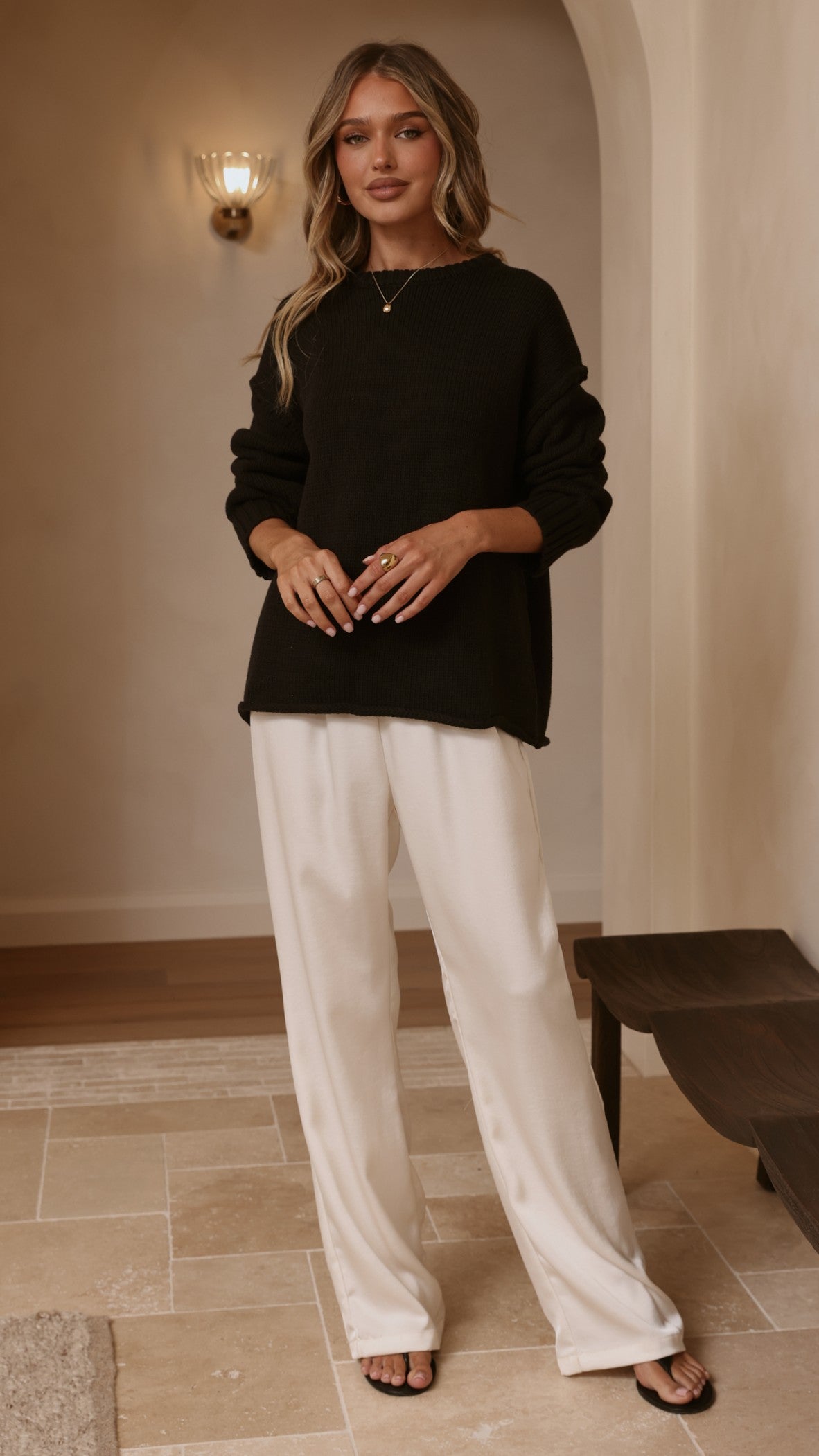 Hayden Boxy Crew Neck Rolled Hem Knit Jumper – Black – view 2