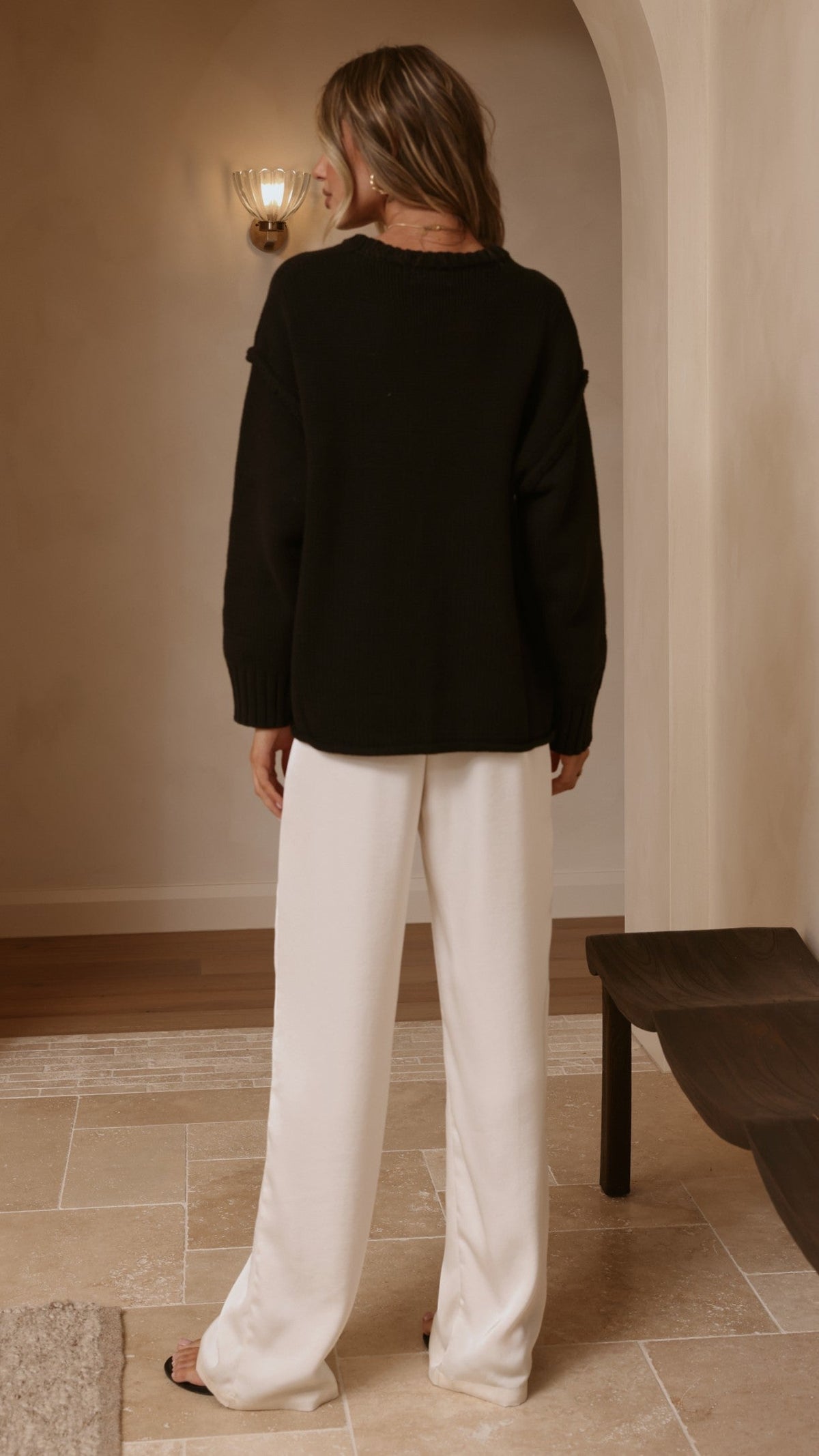 Hayden Boxy Crew Neck Rolled Hem Knit Jumper – Black – view 6
