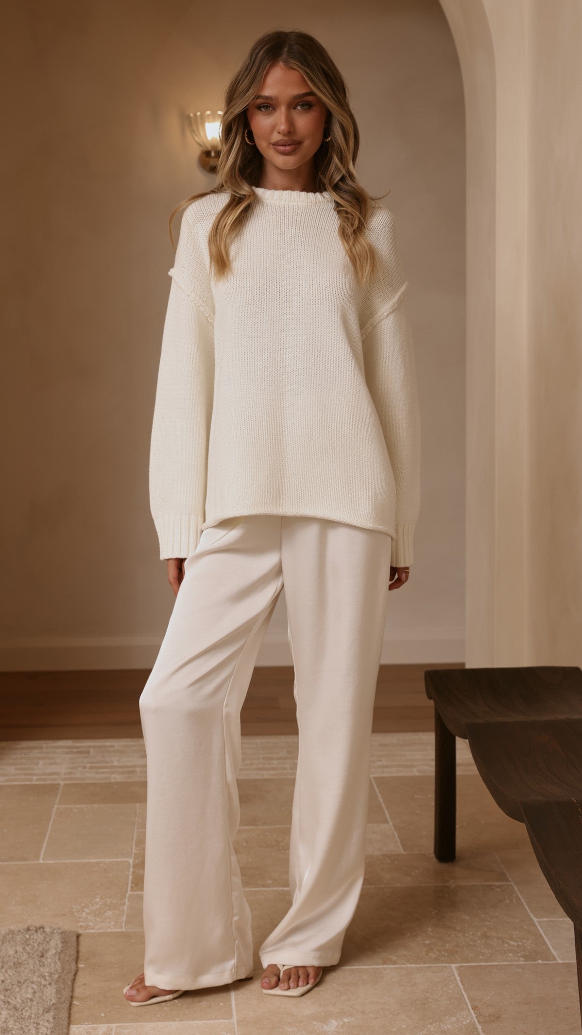 Hayden Boxy Crew Neck Rolled Hem Knit Jumper – White – view 6
