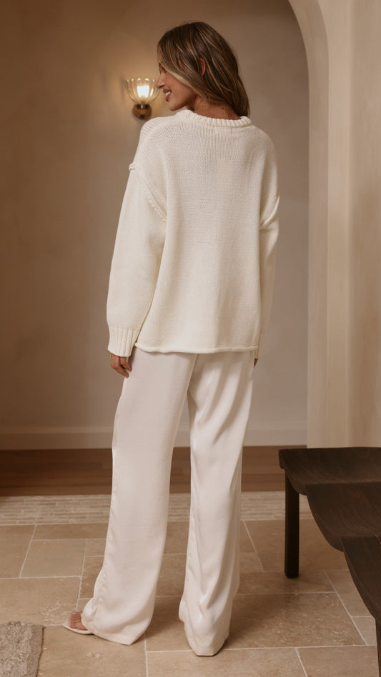 Hayden Boxy Crew Neck Rolled Hem Knit Jumper – White – view 2