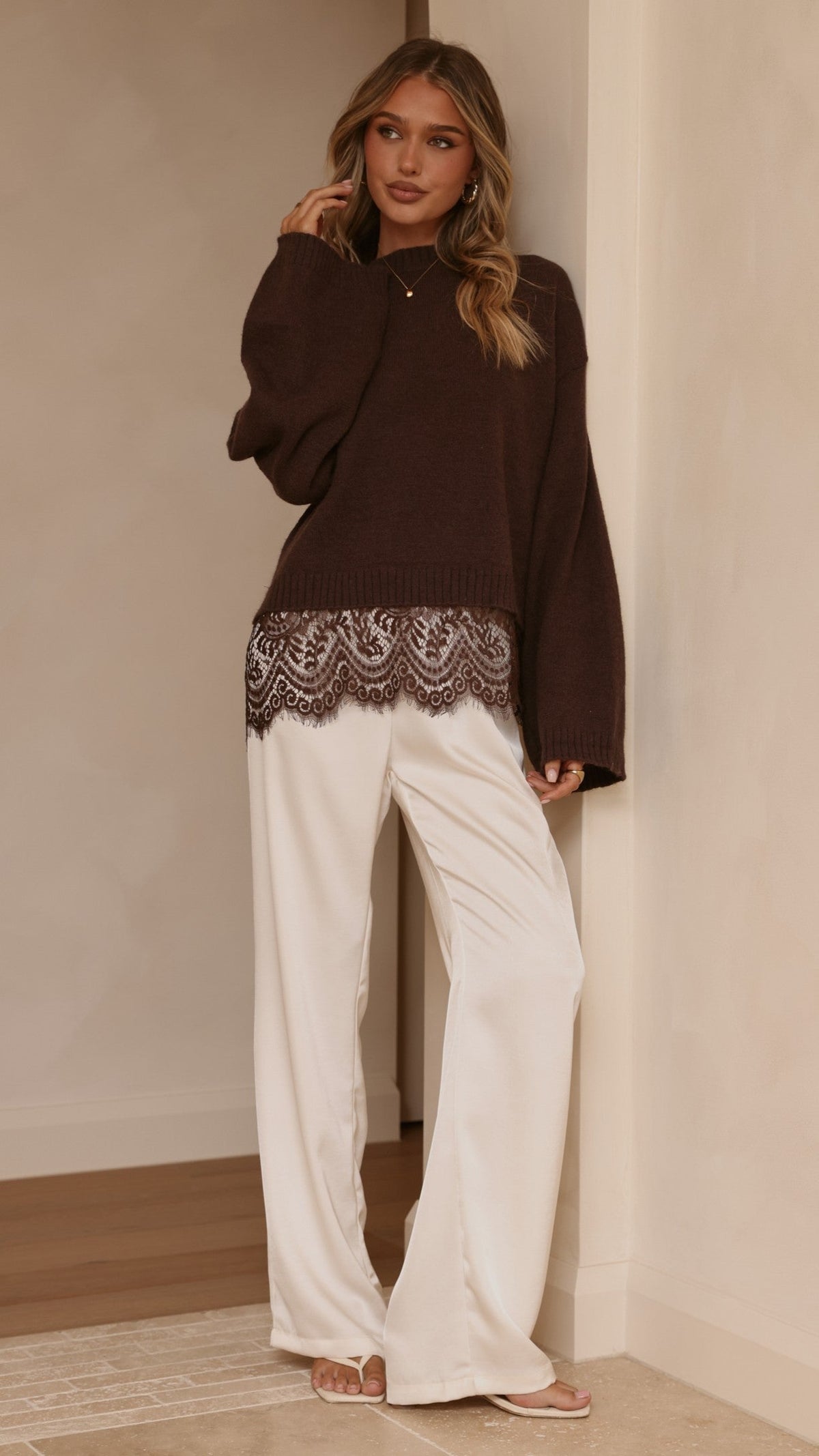 Kylan Boxy Crew Neck Wide Sleeve Knit Jumper with Lace Trim – Brown – view 4