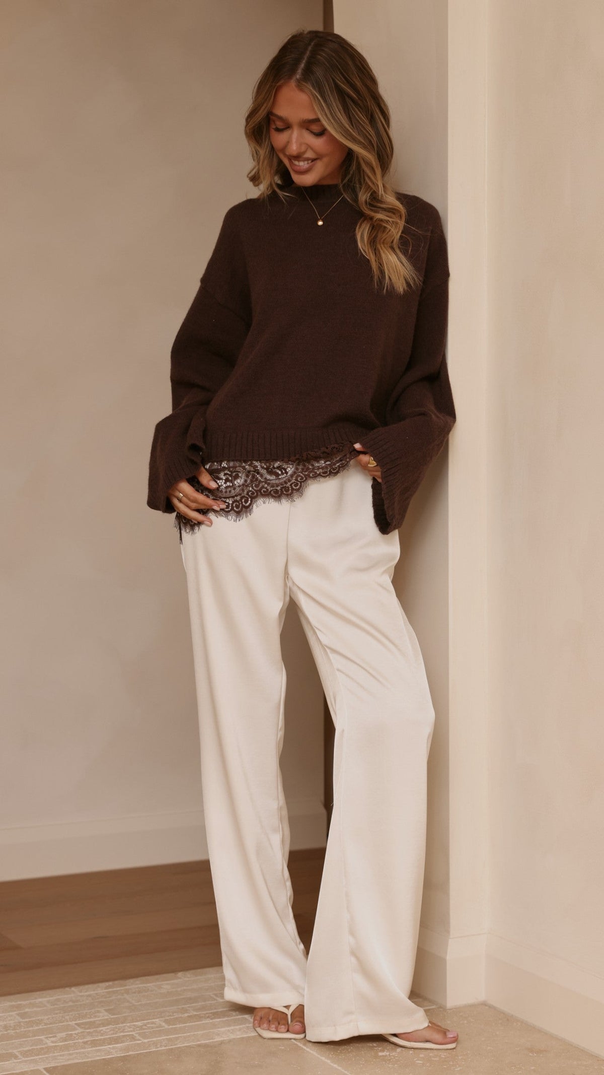 Kylan Boxy Crew Neck Wide Sleeve Knit Jumper with Lace Trim – Brown – view 5
