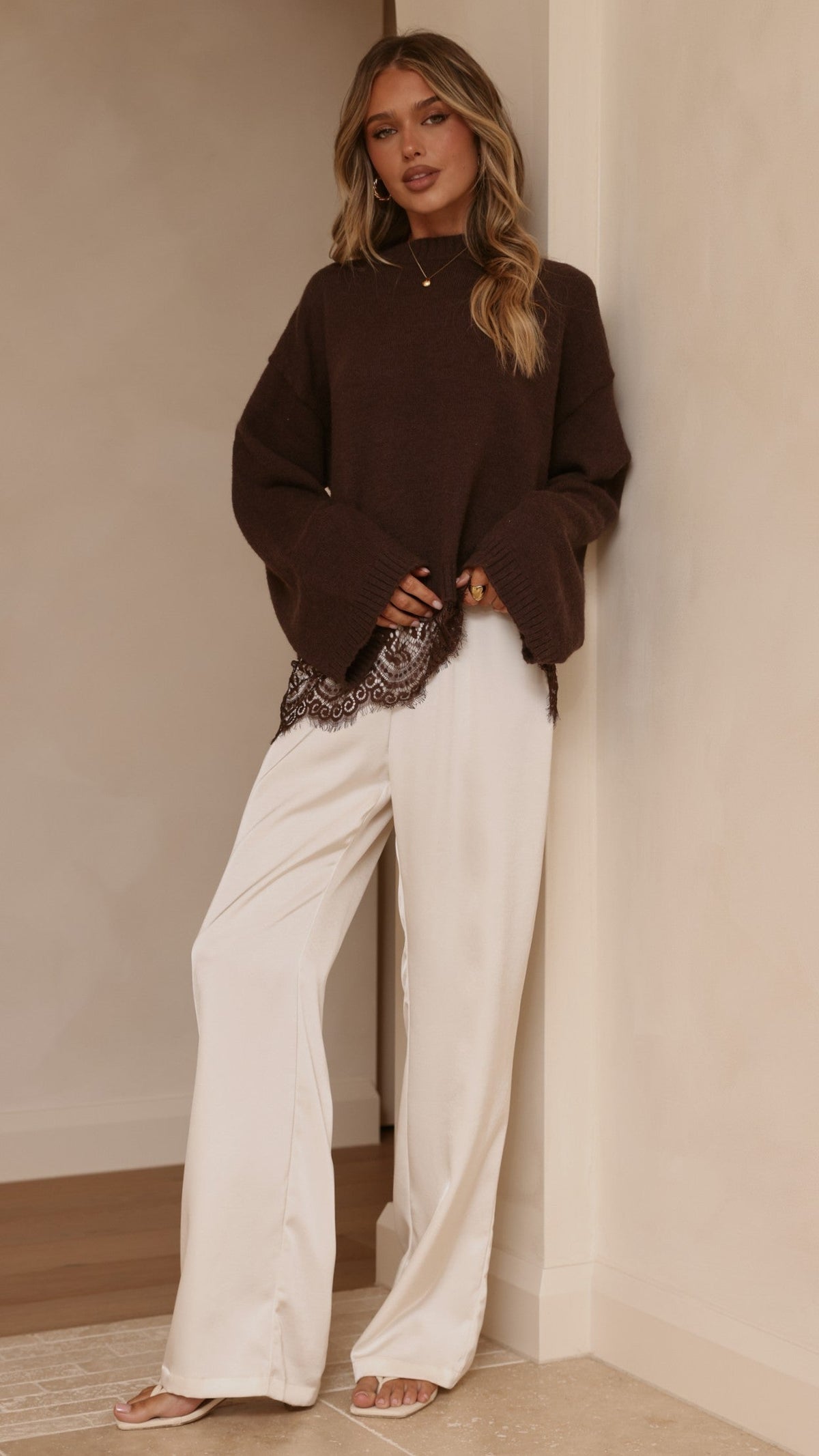 Kylan Boxy Crew Neck Wide Sleeve Knit Jumper with Lace Trim – Brown – view 6