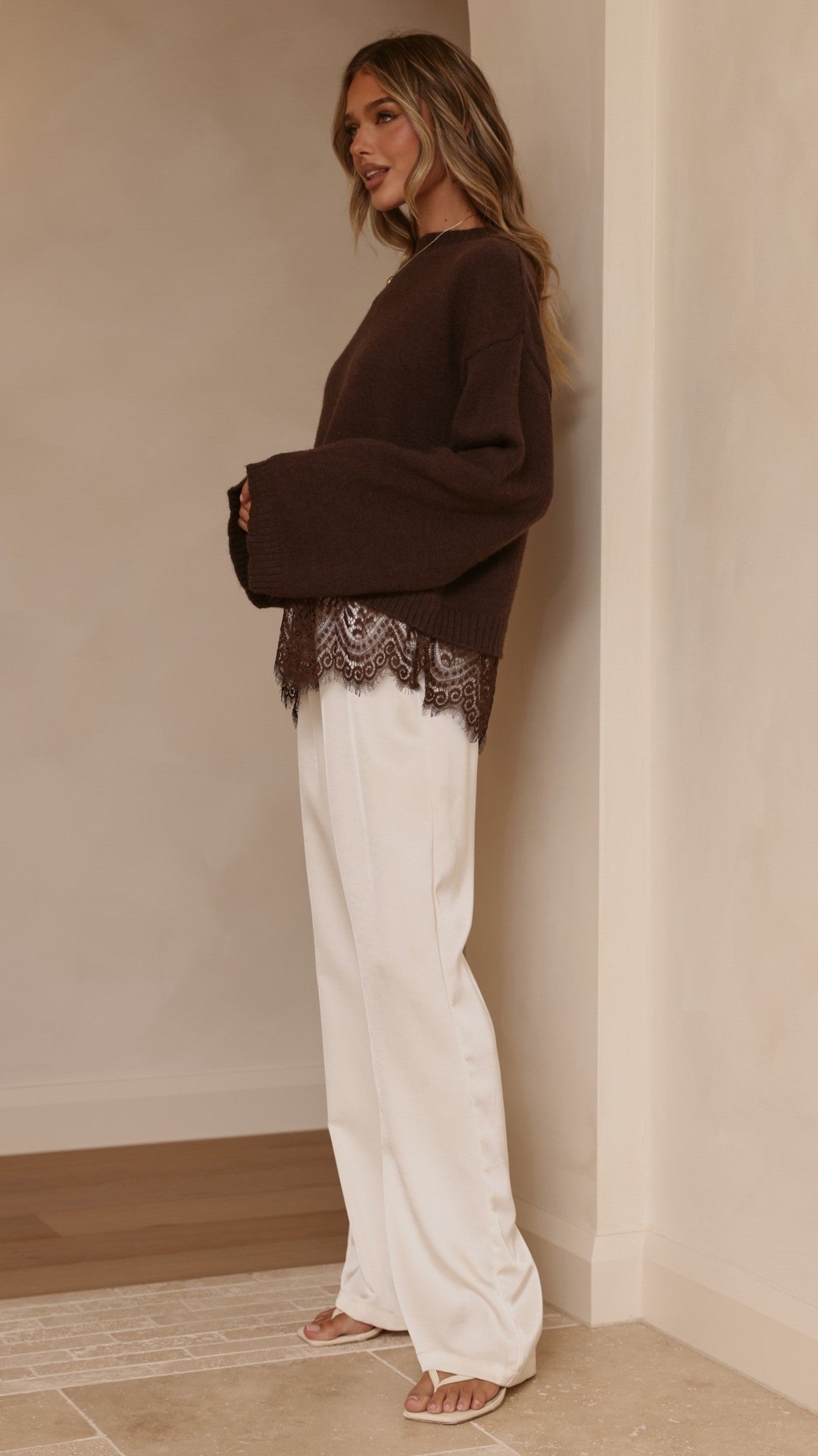 Kylan Boxy Crew Neck Wide Sleeve Knit Jumper with Lace Trim – Brown – view 7