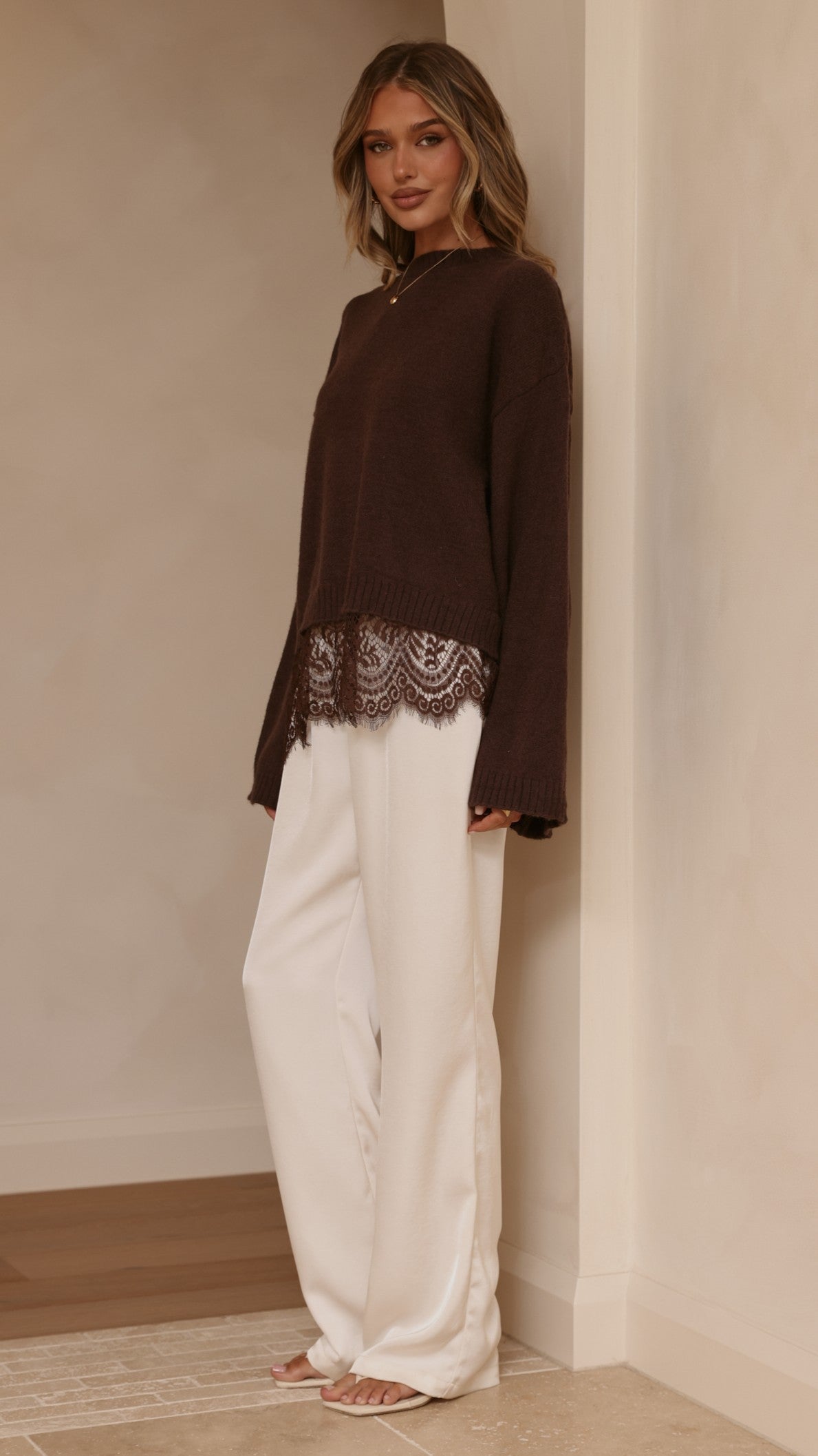 Kylan Boxy Crew Neck Wide Sleeve Knit Jumper with Lace Trim – Brown – view 8