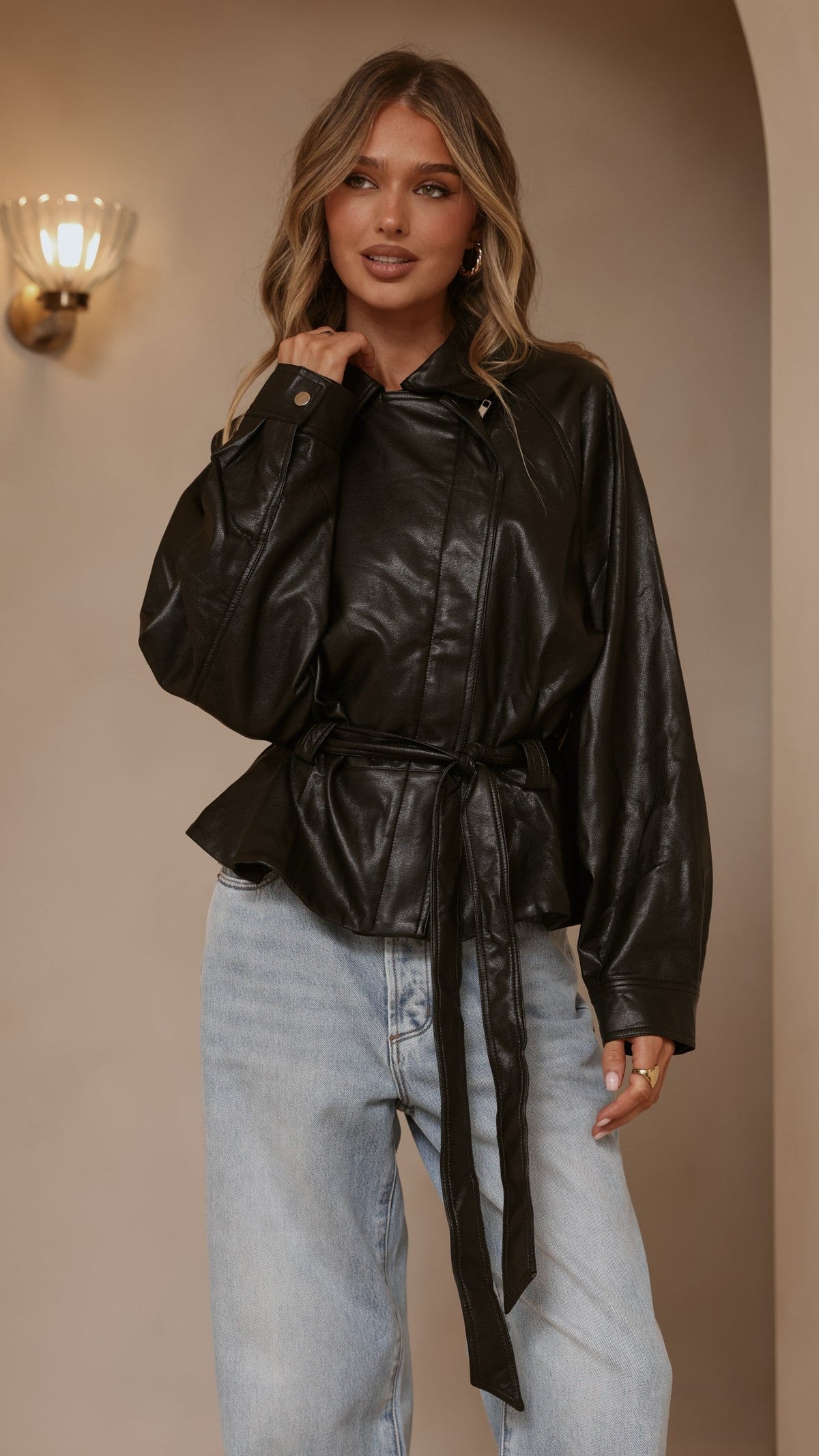 Marzia Collared Tie Waist Jacket with Zip and Button Front – Black – view 5