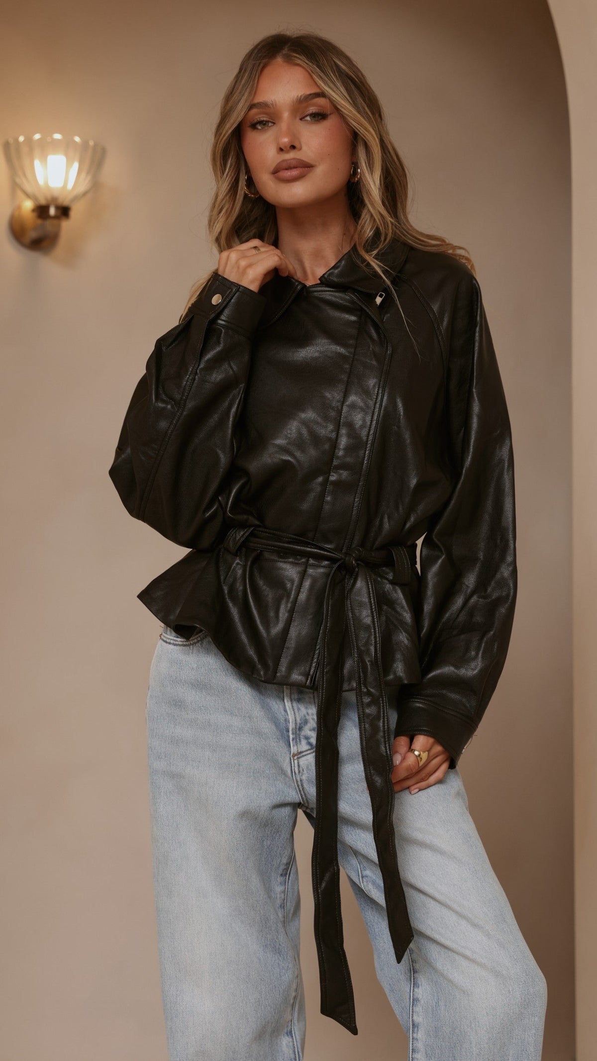 Marzia Collared Tie Waist Jacket with Zip and Button Front – Black – view 8