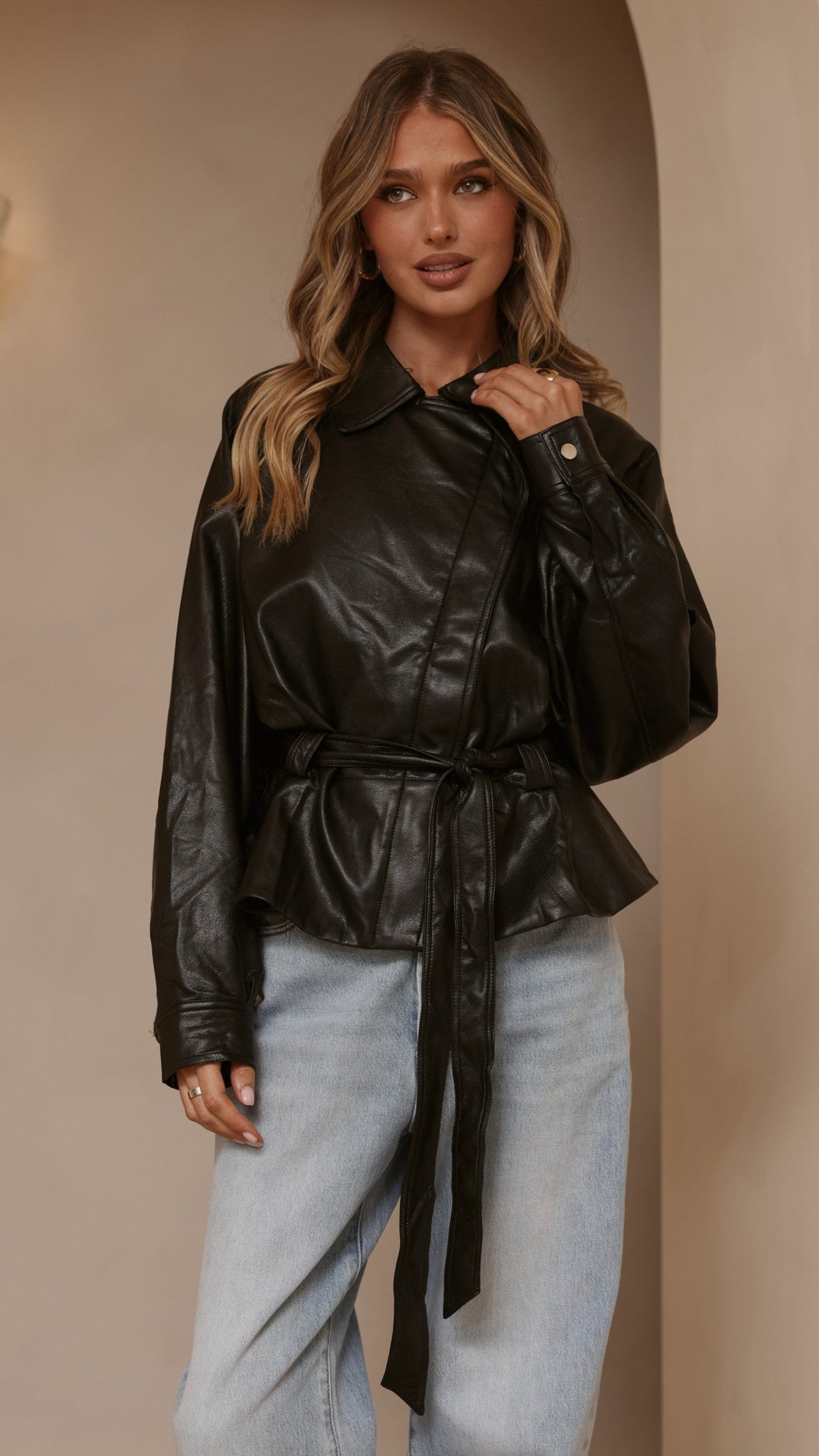 Marzia Collared Tie Waist Jacket with Zip and Button Front – Black – view 9