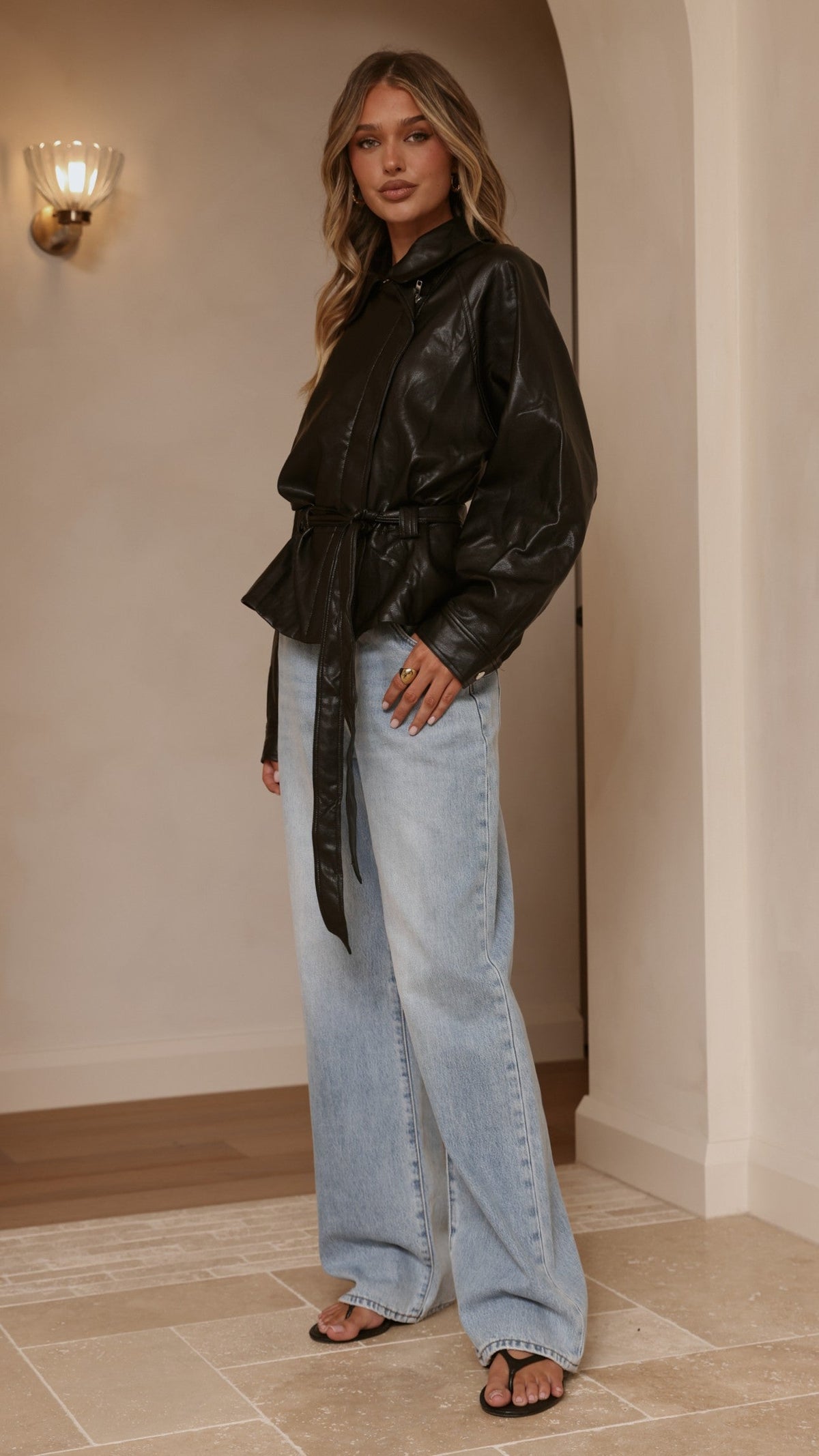 Marzia Collared Tie Waist Jacket with Zip and Button Front – Black – view 10
