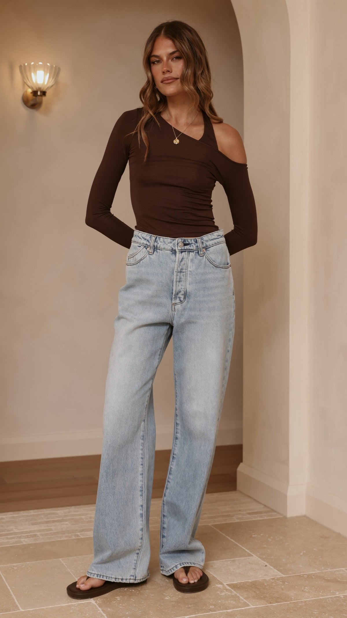 Romy Fitted Long Sleeve Off Shoulder Halter Top – Chocolate – view 4