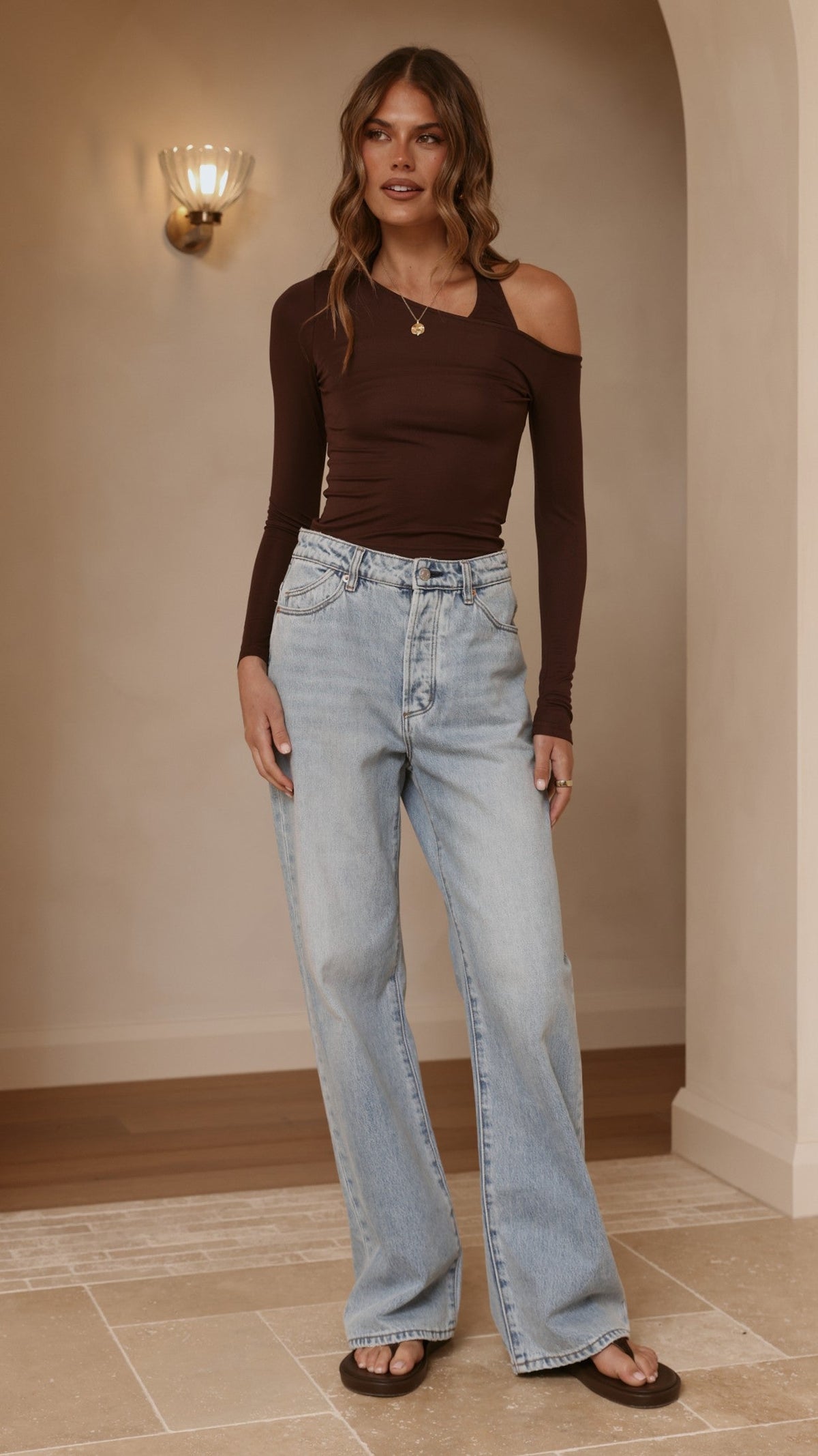 Romy Fitted Long Sleeve Off Shoulder Halter Top – Chocolate – view 6