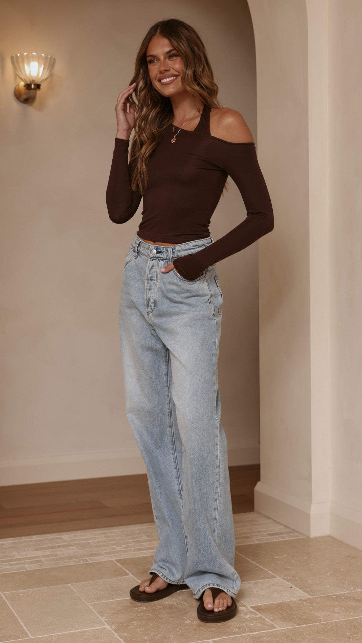 Romy Fitted Long Sleeve Off Shoulder Halter Top – Chocolate – view 7