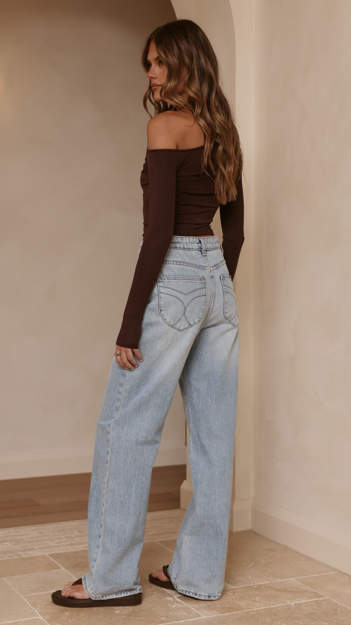 Romy Fitted Long Sleeve Off Shoulder Halter Top – Chocolate – view 2