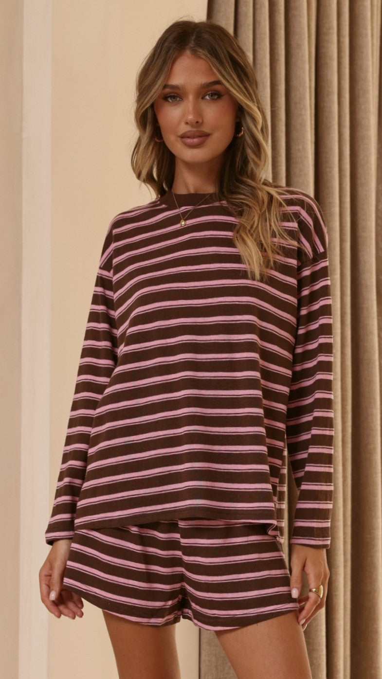 Harla Long Sleeve Crew Neck Top and Shorts Set – Pink/Brown Stripe – view 3