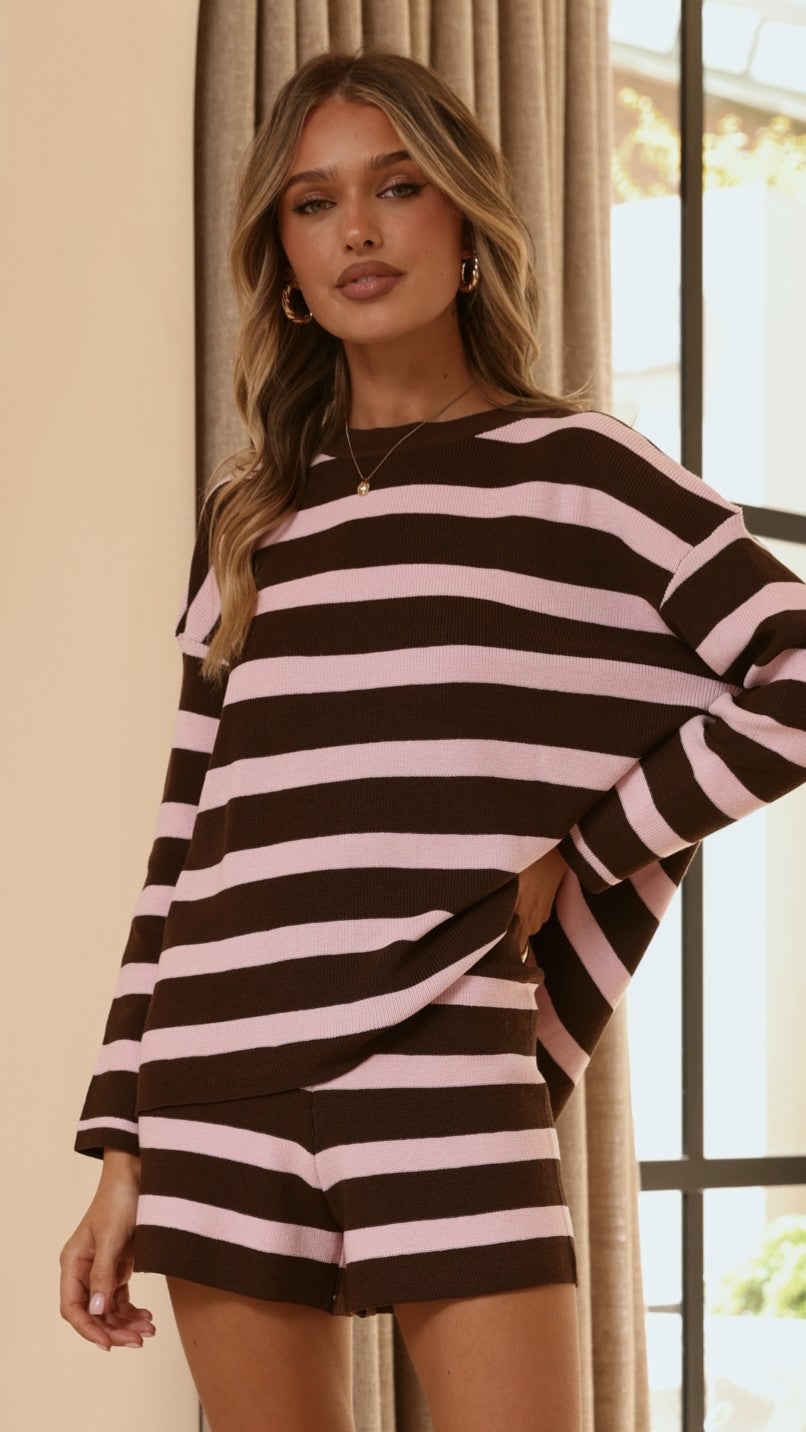 Jaeden Boxy Long Sleeve Top and Fitted Shorts Set – Pink/Chocolate Stripe – view 3