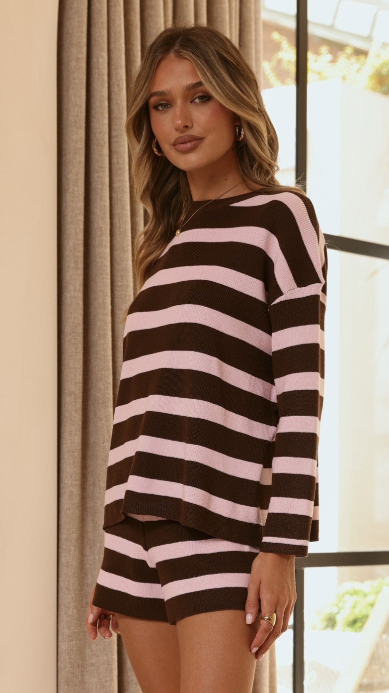 Jaeden Boxy Long Sleeve Top and Fitted Shorts Set – Pink/Chocolate Stripe – view 4