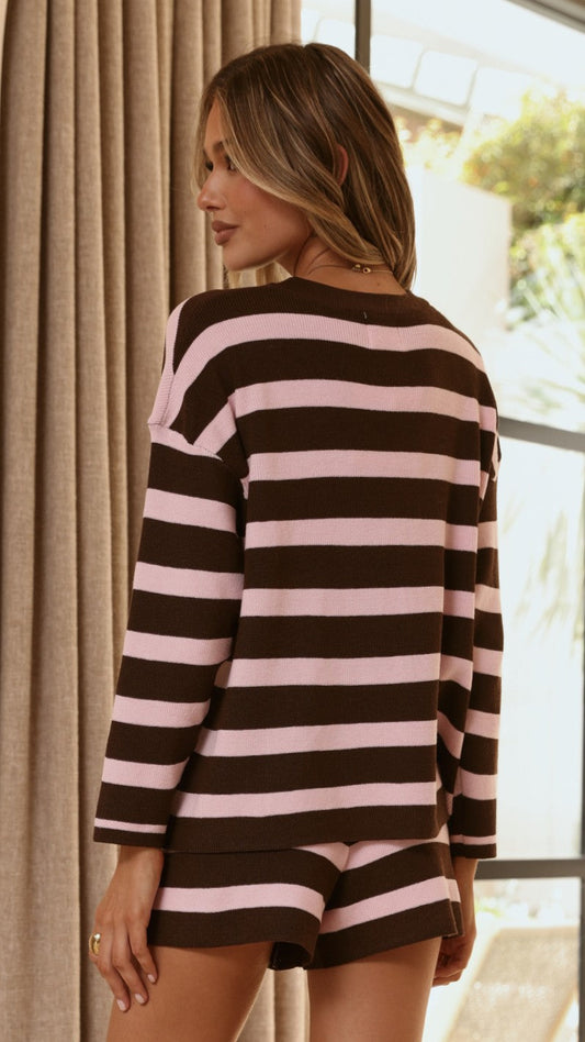 Jaeden Boxy Long Sleeve Top and Fitted Shorts Set – Pink/Chocolate Stripe – view 2