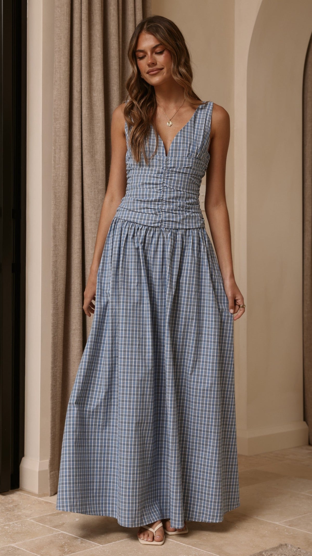 Sanya V-Neck A-Line Maxi Dress with Gathered Waist – Blue Check – view 8