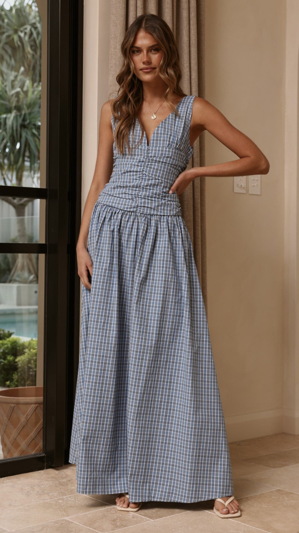 Sanya V-Neck A-Line Maxi Dress with Gathered Waist – Blue Check – view 9