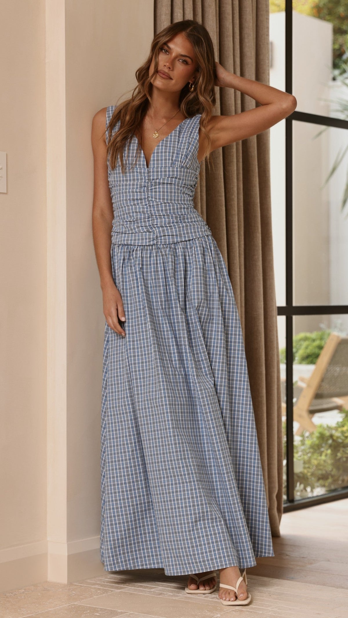 Sanya V-Neck A-Line Maxi Dress with Gathered Waist – Blue Check – view 10
