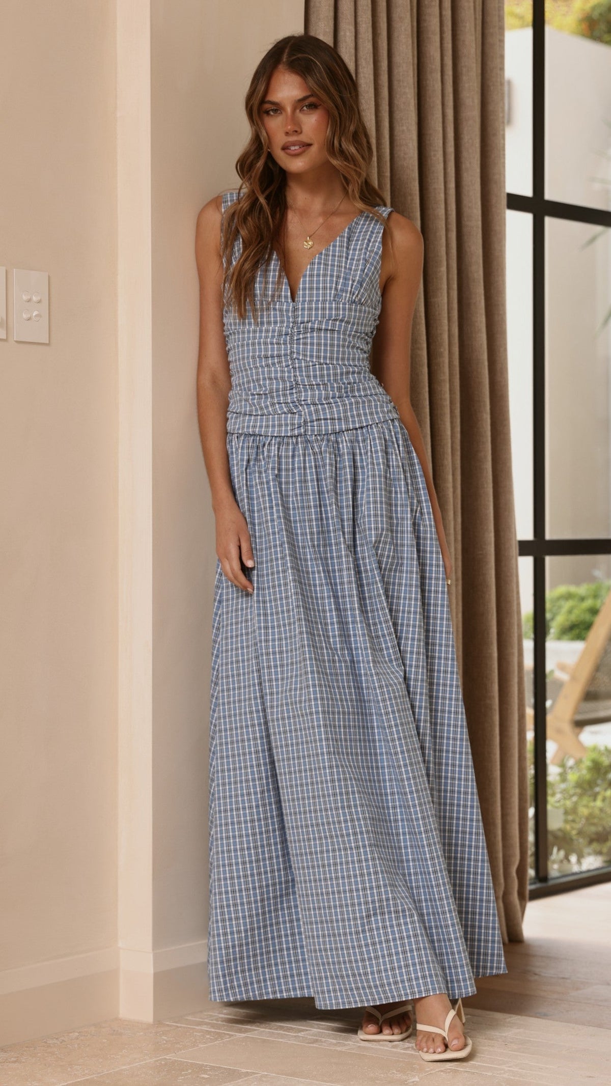 Sanya V-Neck A-Line Maxi Dress with Gathered Waist – Blue Check