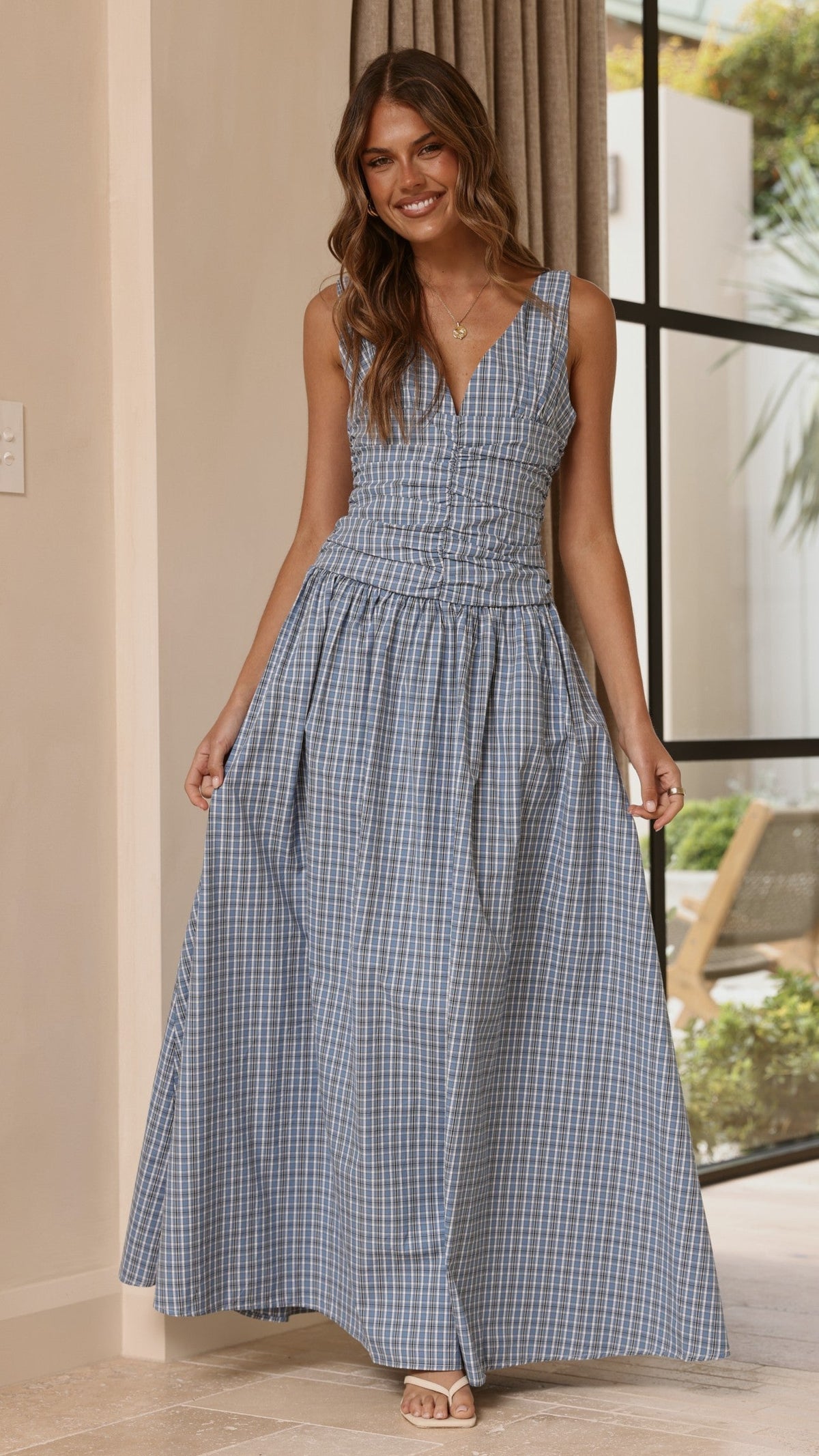 Sanya V-Neck A-Line Maxi Dress with Gathered Waist – Blue Check – view 4
